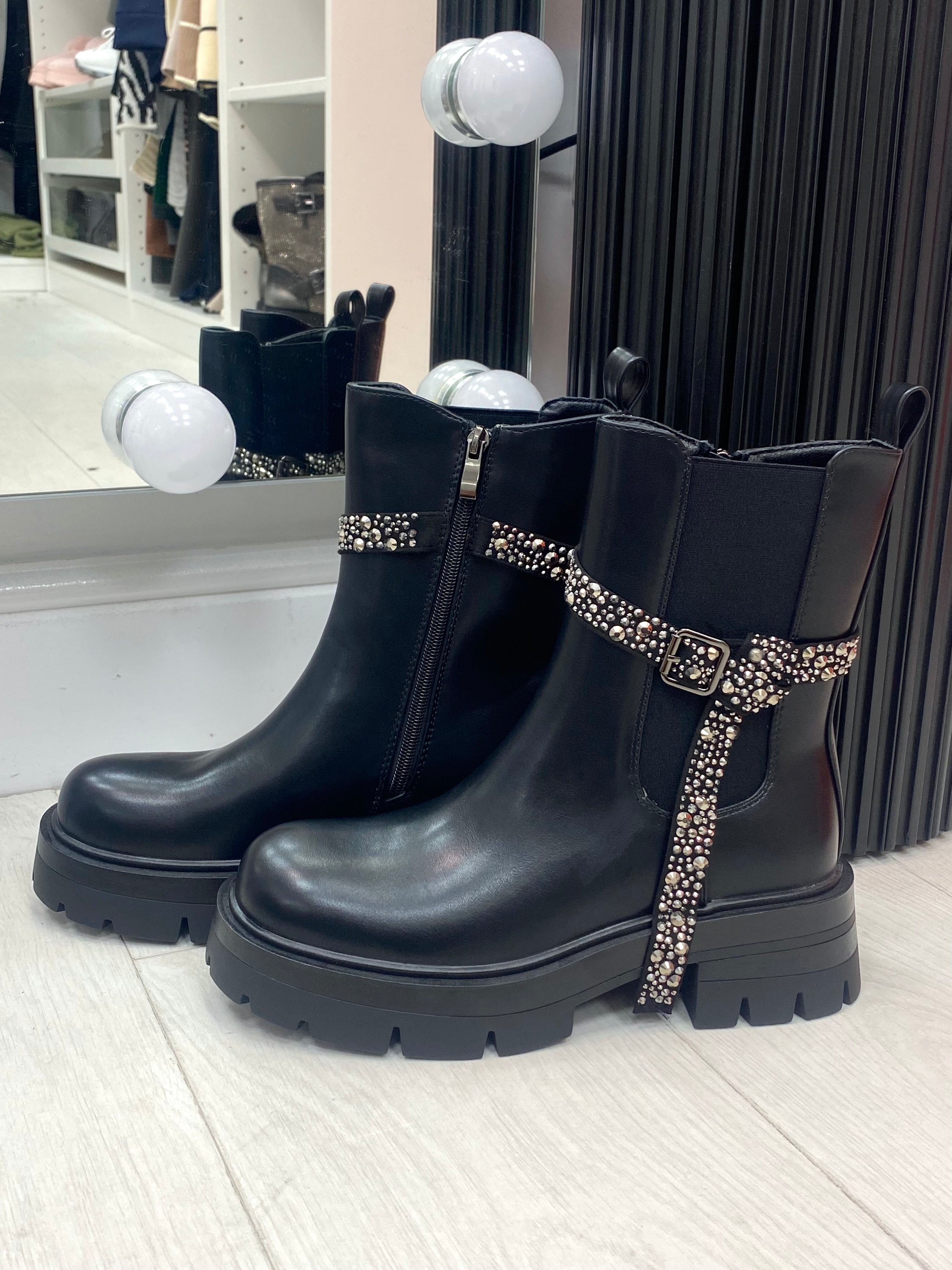 Amery Black Faux Leather Crystal Detail Ankle Boots