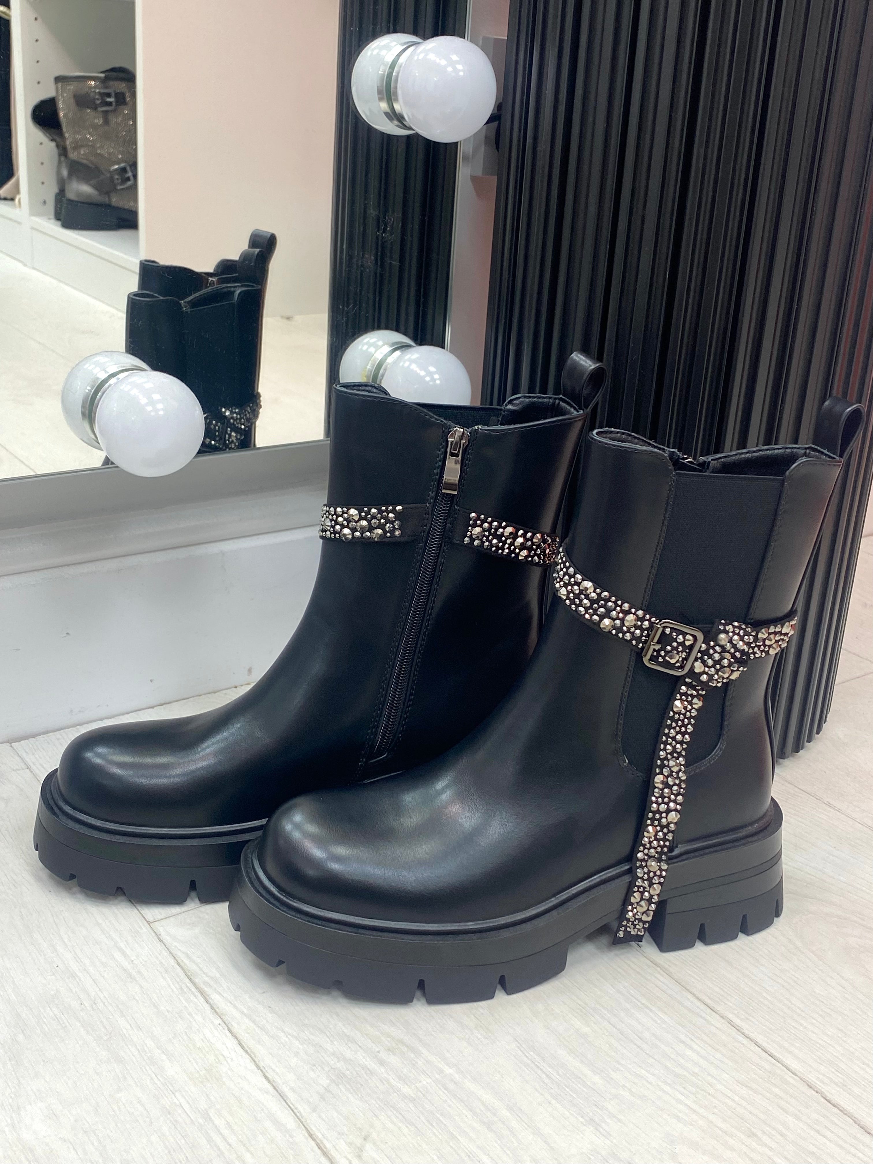 Amery Black Faux Leather Crystal Detail Ankle Boots