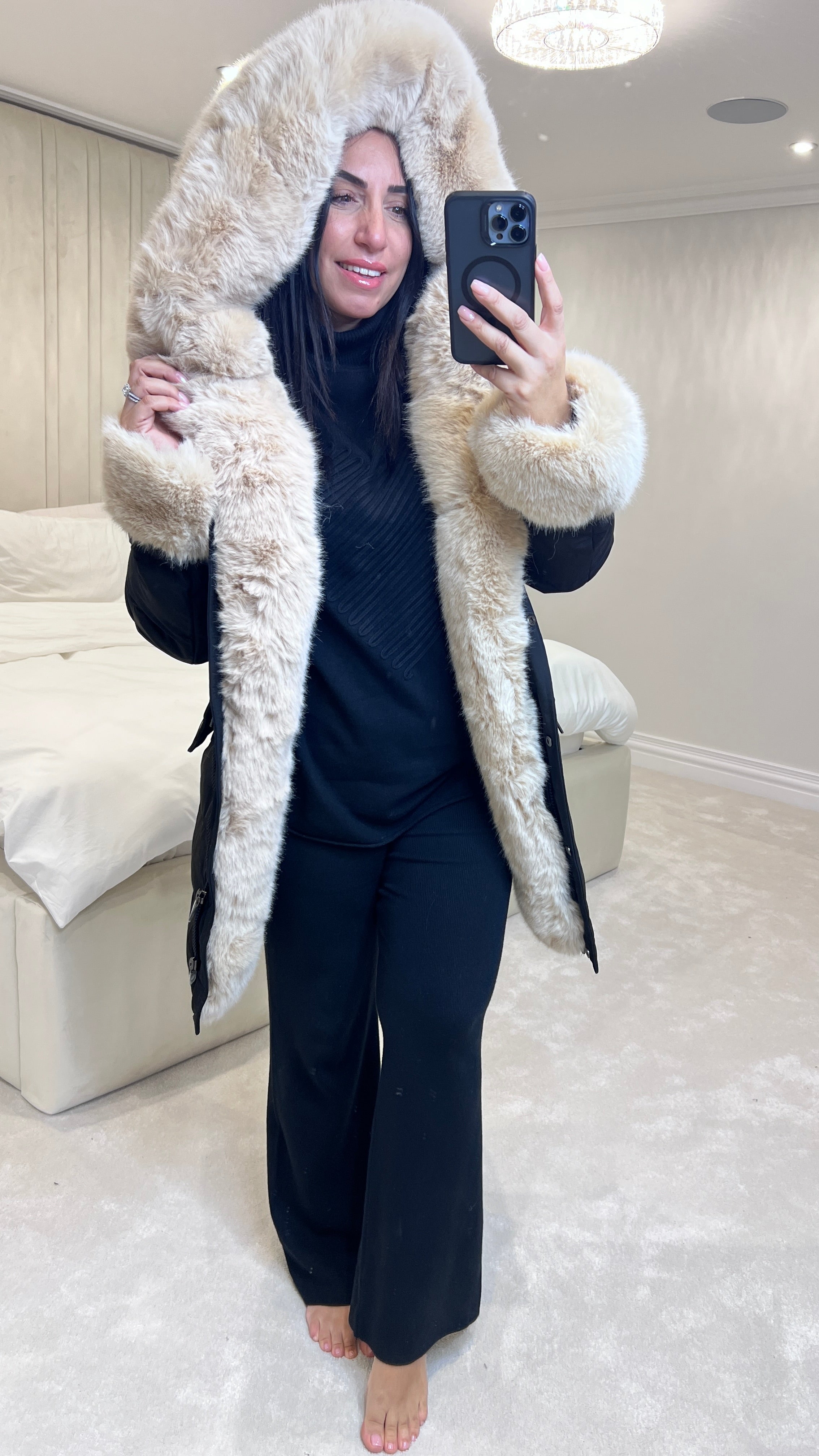 Vienna Black/Beige Luxury Faux Fur Trim Coat