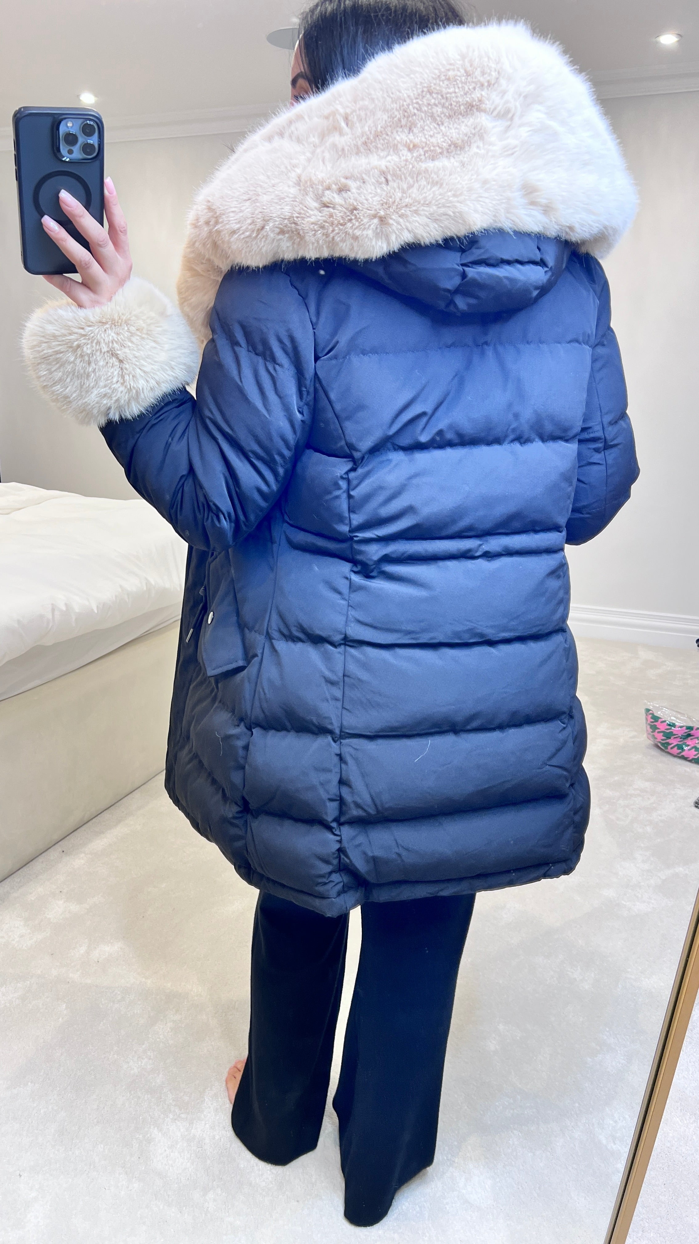 Vienna Black/Beige Luxury Faux Fur Trim Coat