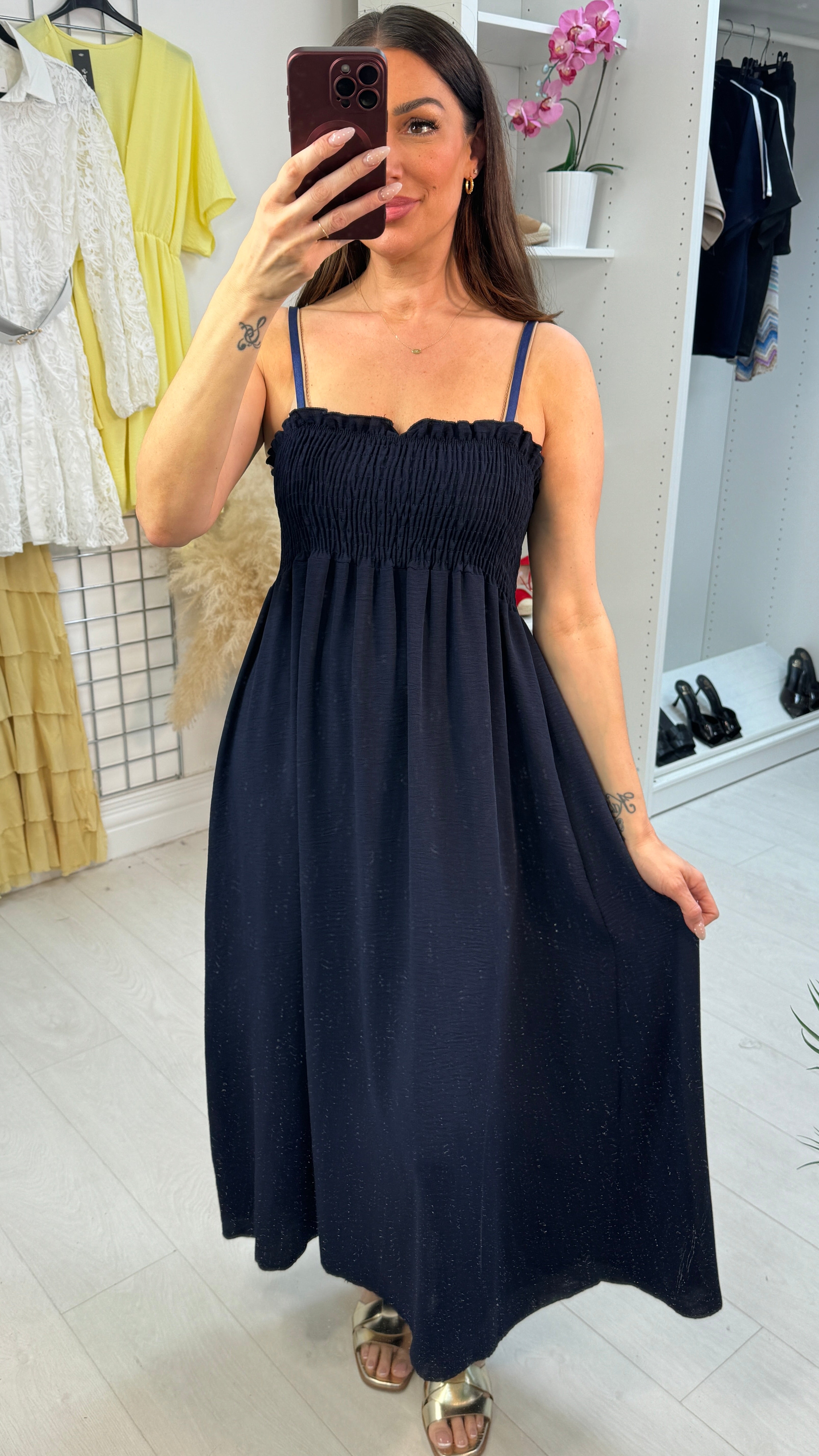 Priscila Plain Shirred Bust Floaty Midi Dress
