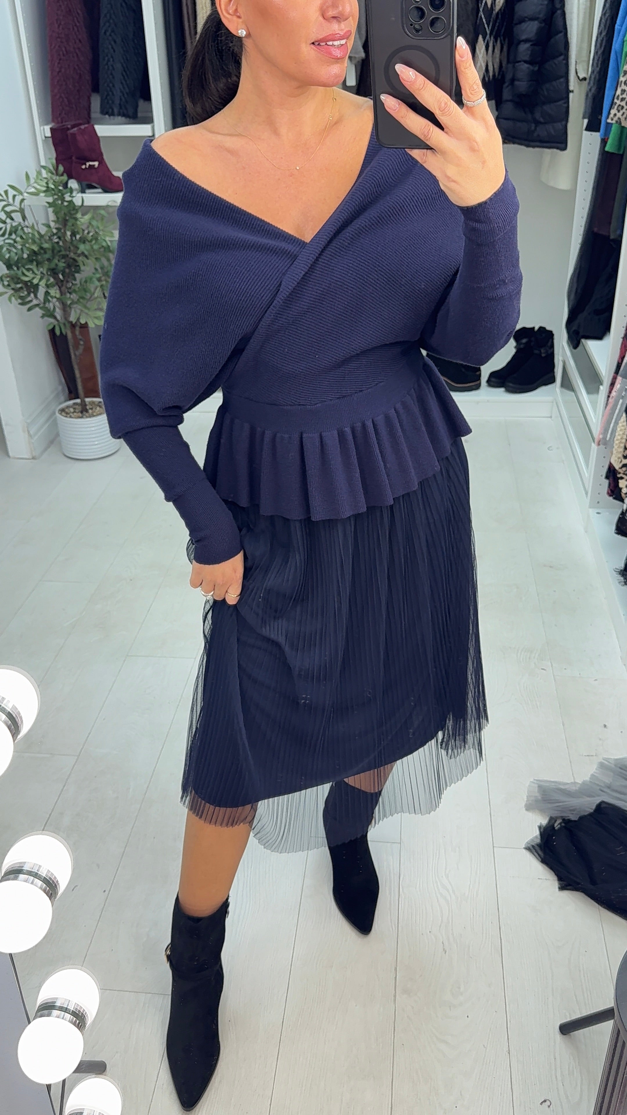 Marceline Pleated Mesh Skirt Knit Dress