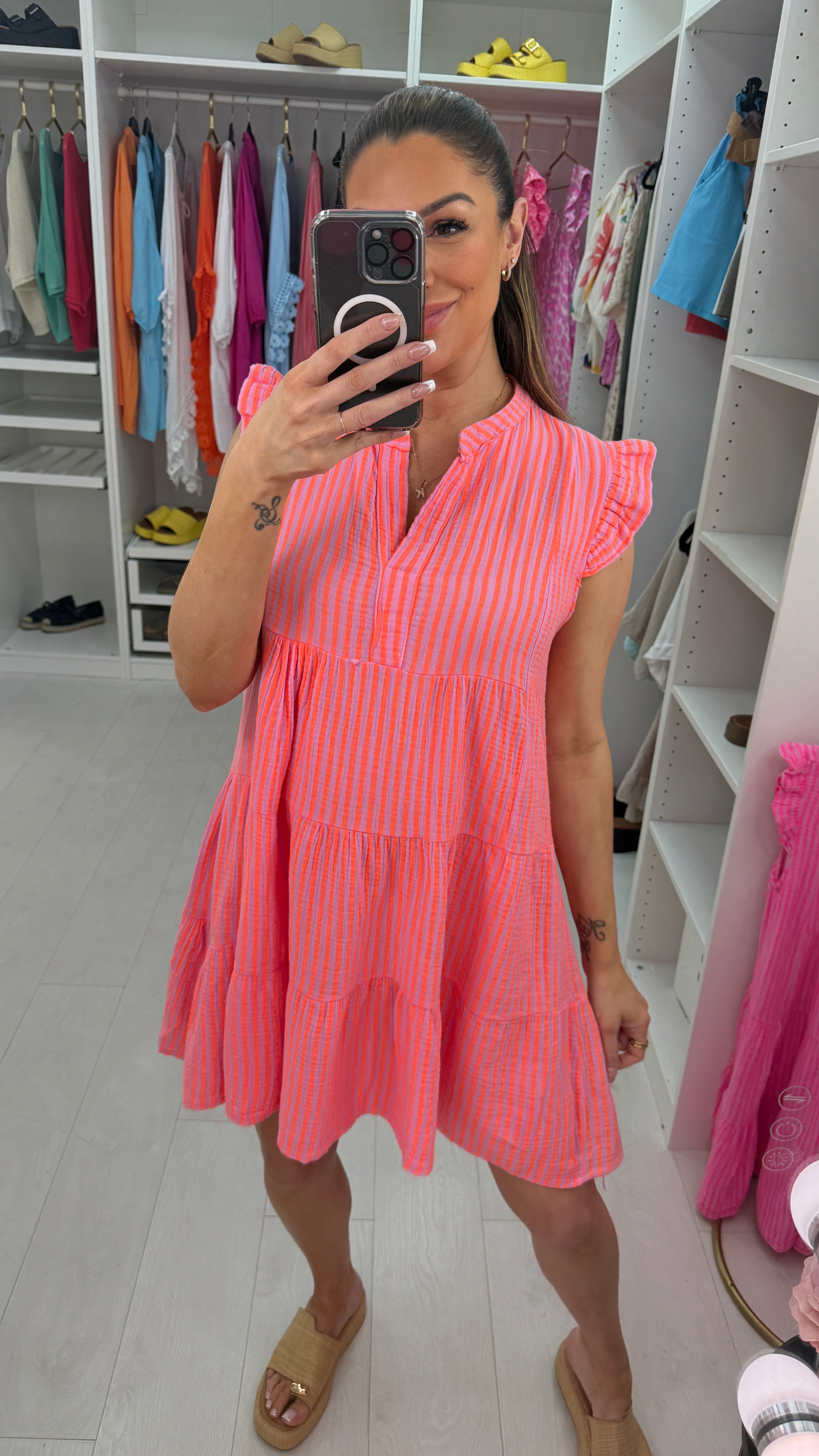 Leticia Striped V Neck Cheesecloth Smock Dress