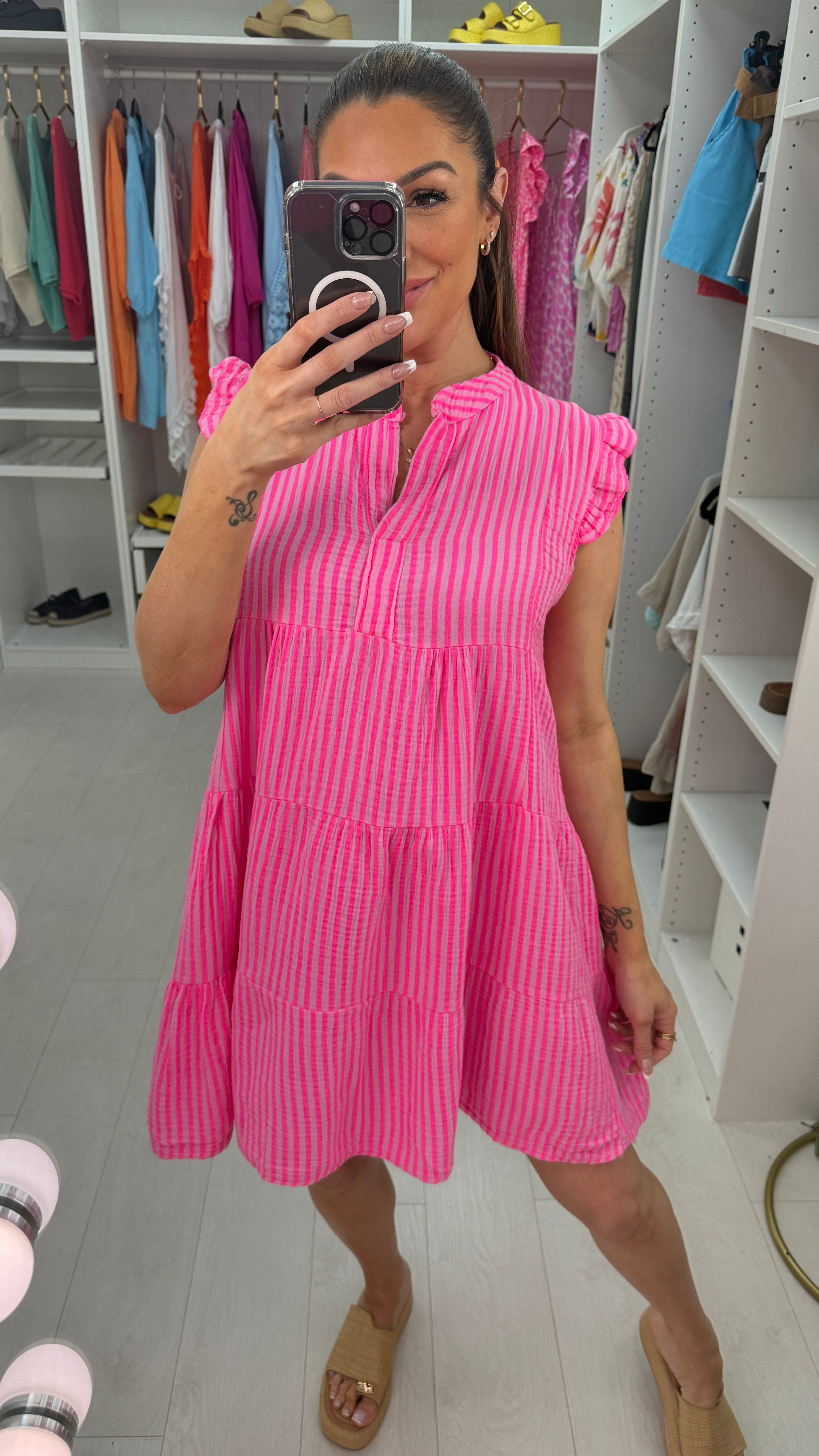 Leticia Striped V Neck Cheesecloth Smock Dress