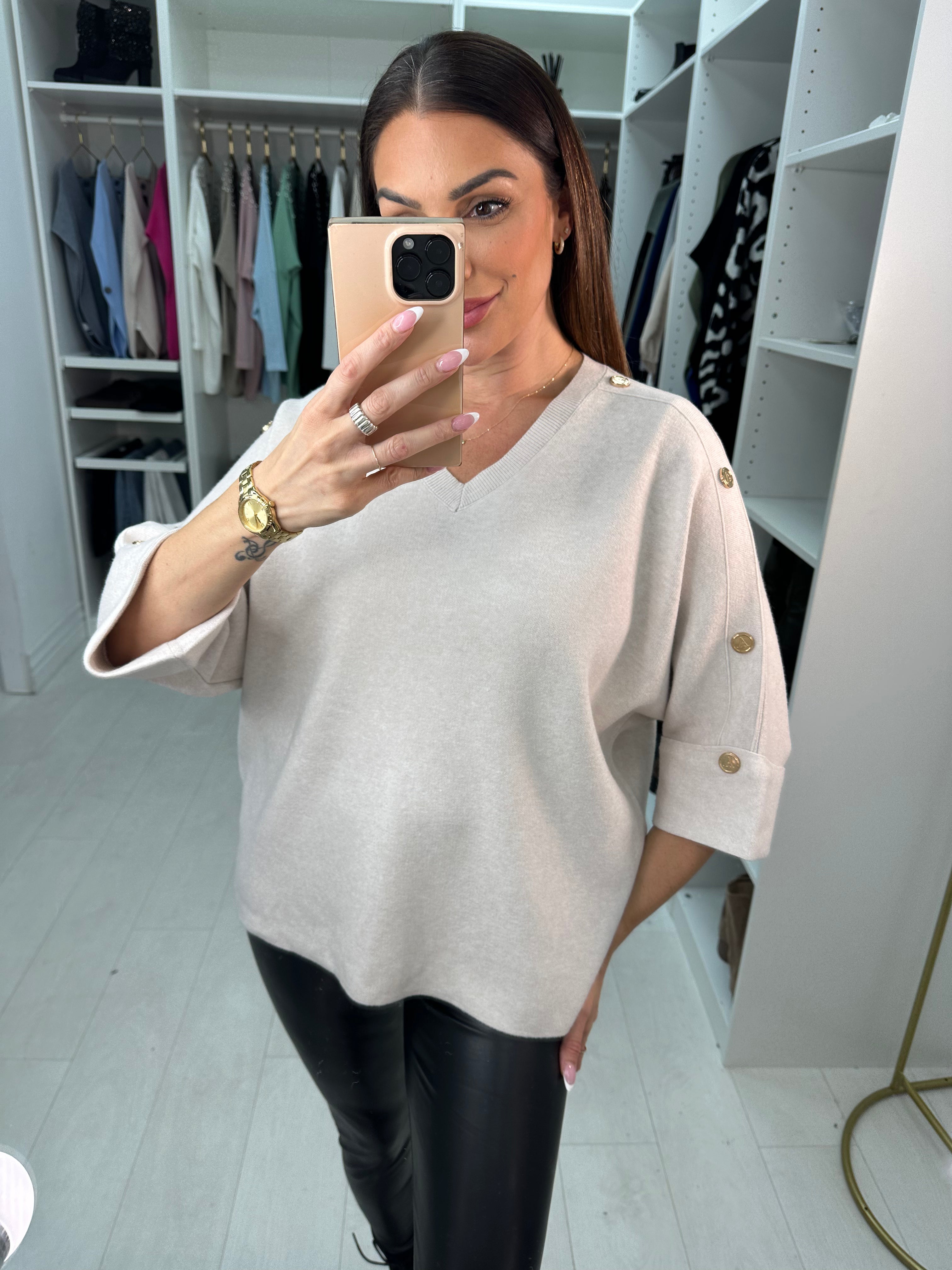 Dena Button Detailed V Neck Knit Jumper