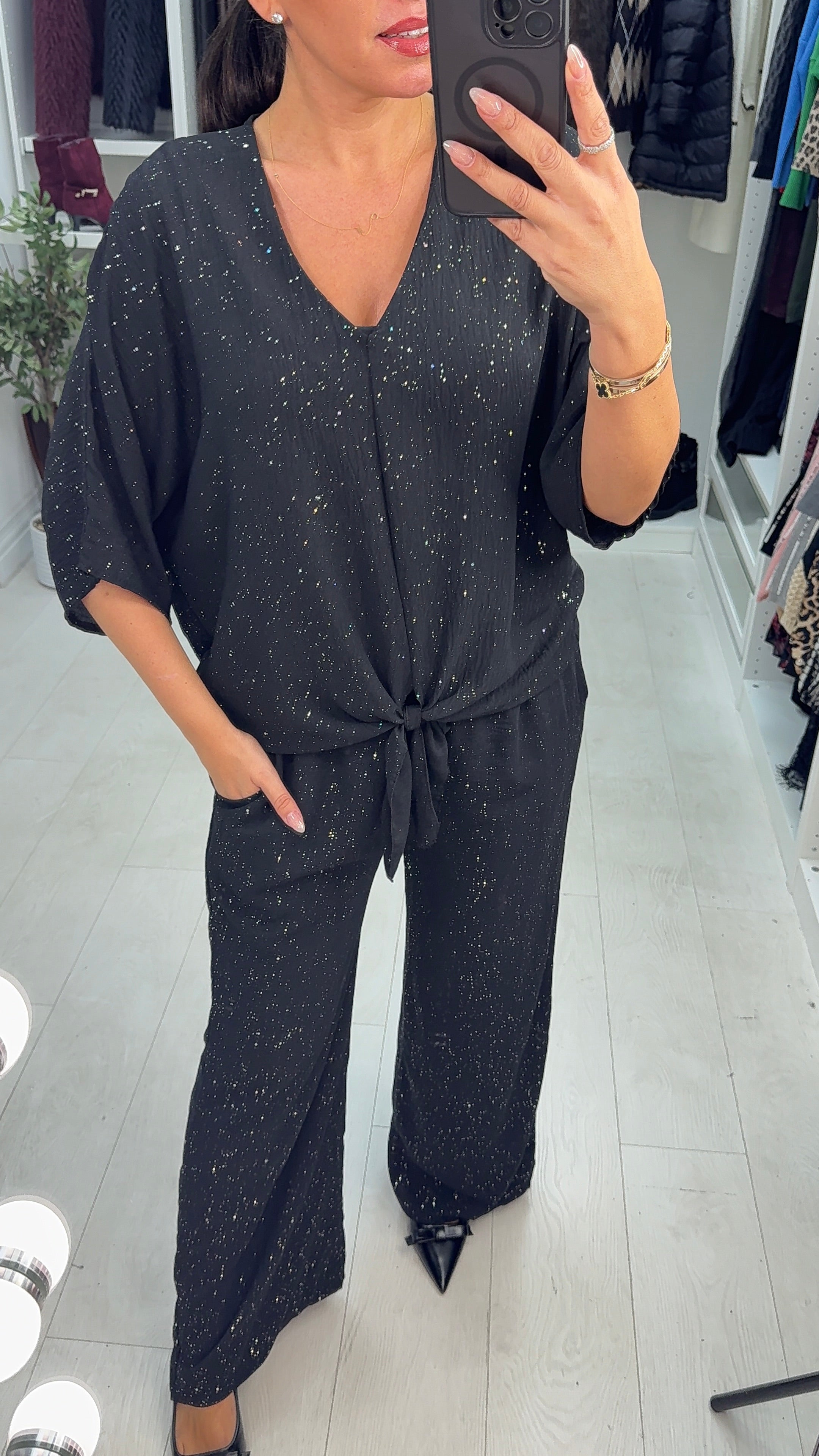 Cecillia Tie Front V Neck Sparkle Top