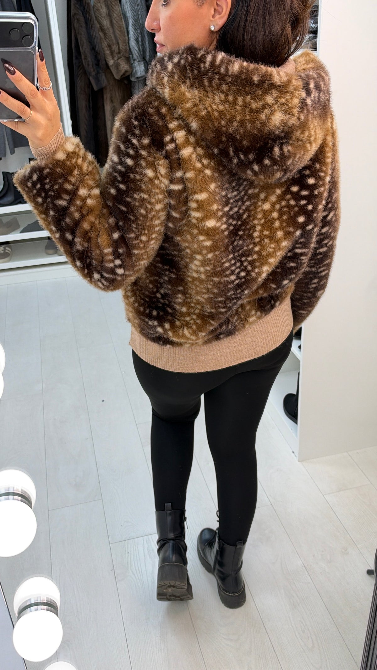 Evrin Bambi Print Faux Fur Hooded Jacket