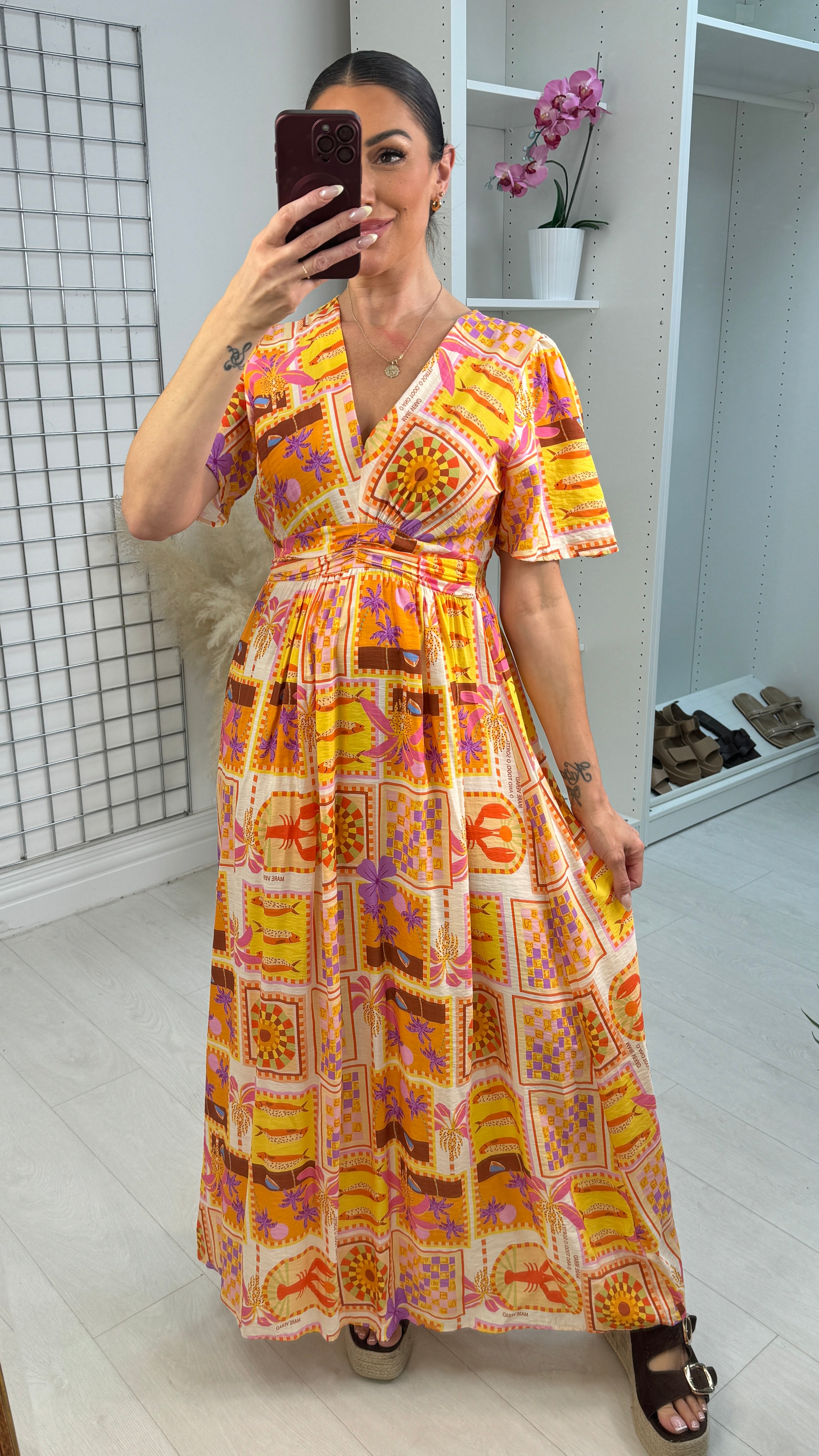 Brila Tropical Print V Neck Maxi Dress