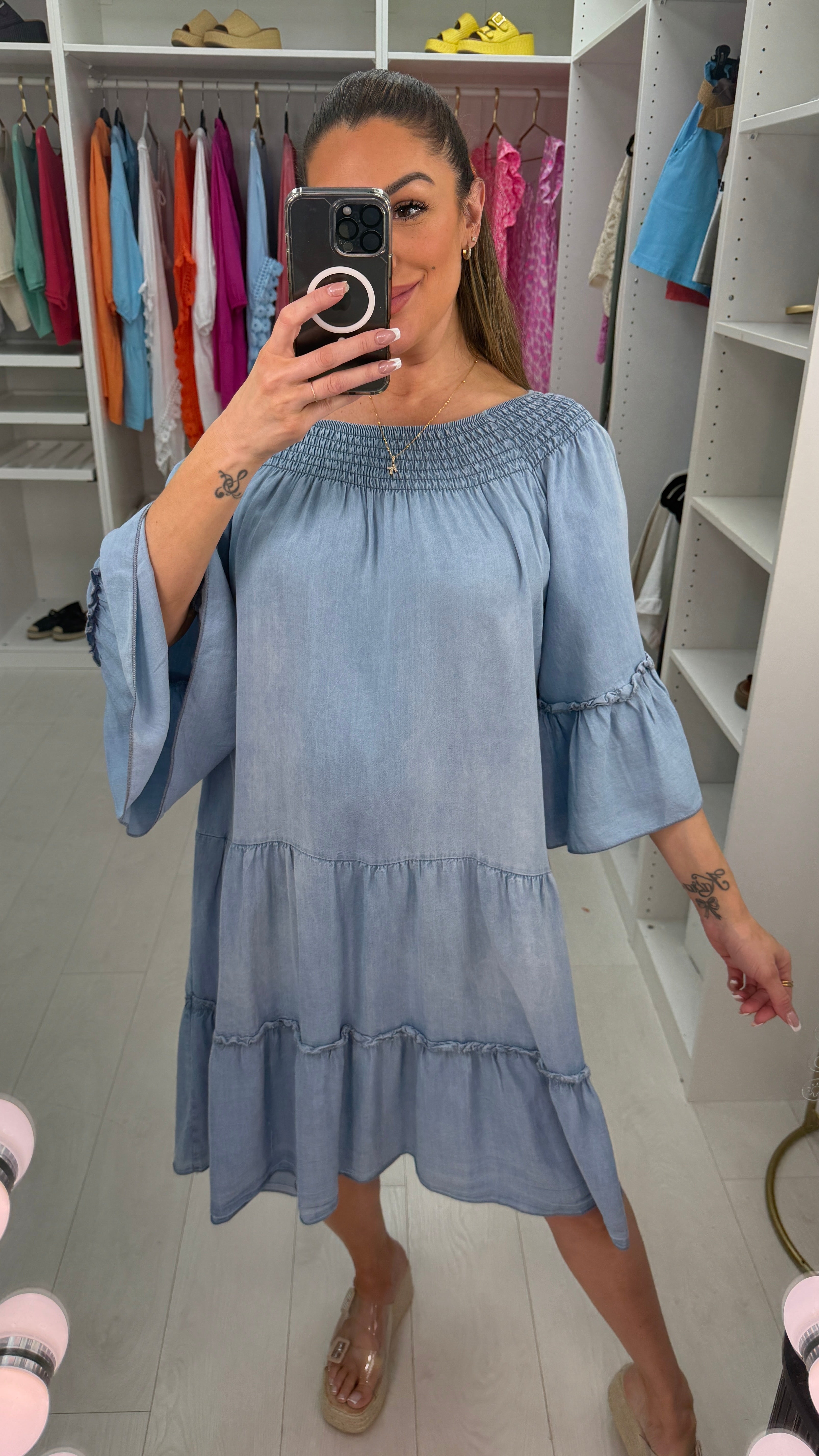 Julieta Denim Loose Fit Bardot Dress