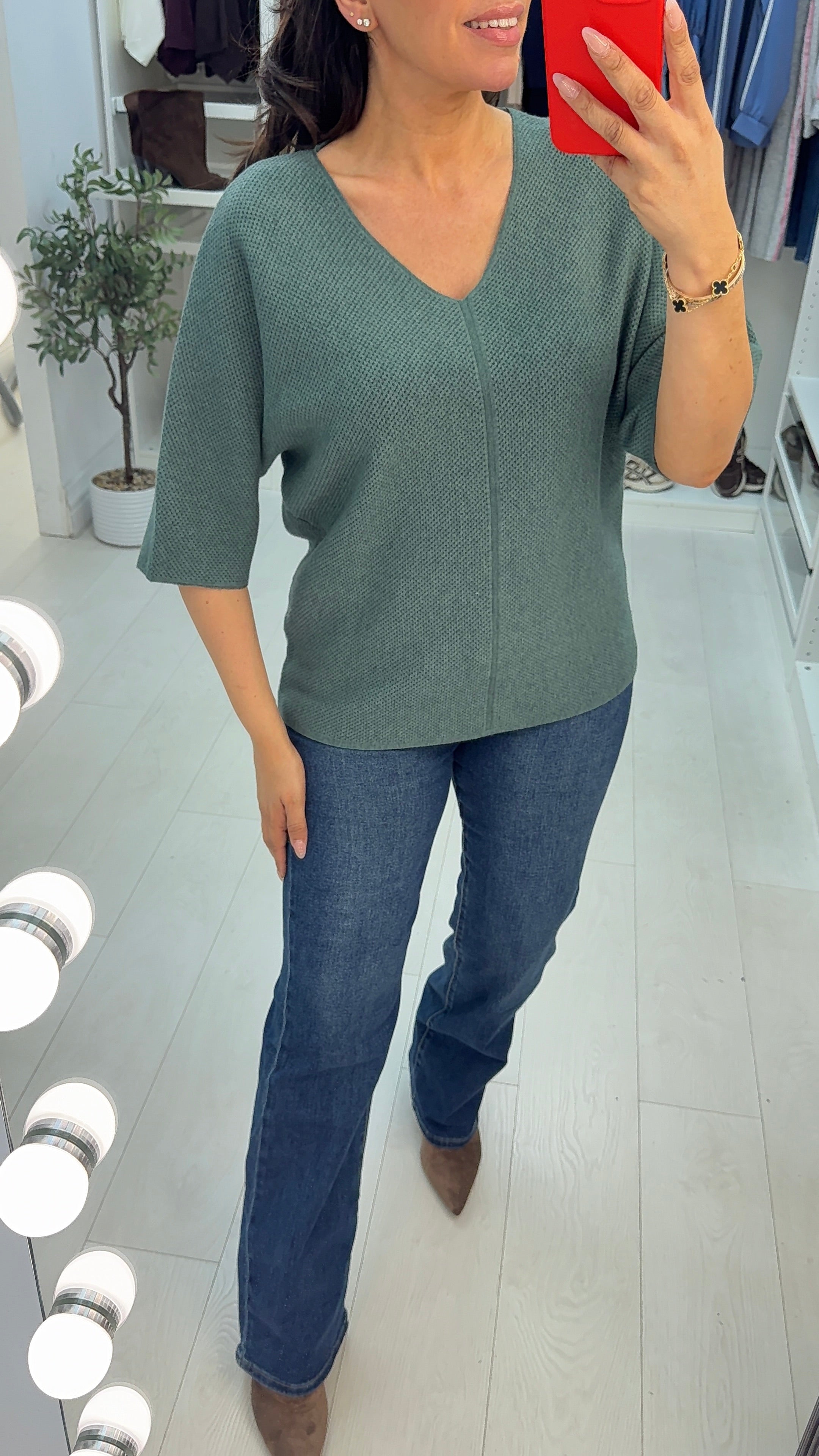 Acia Plain V Neck Waffle Textured Jumper