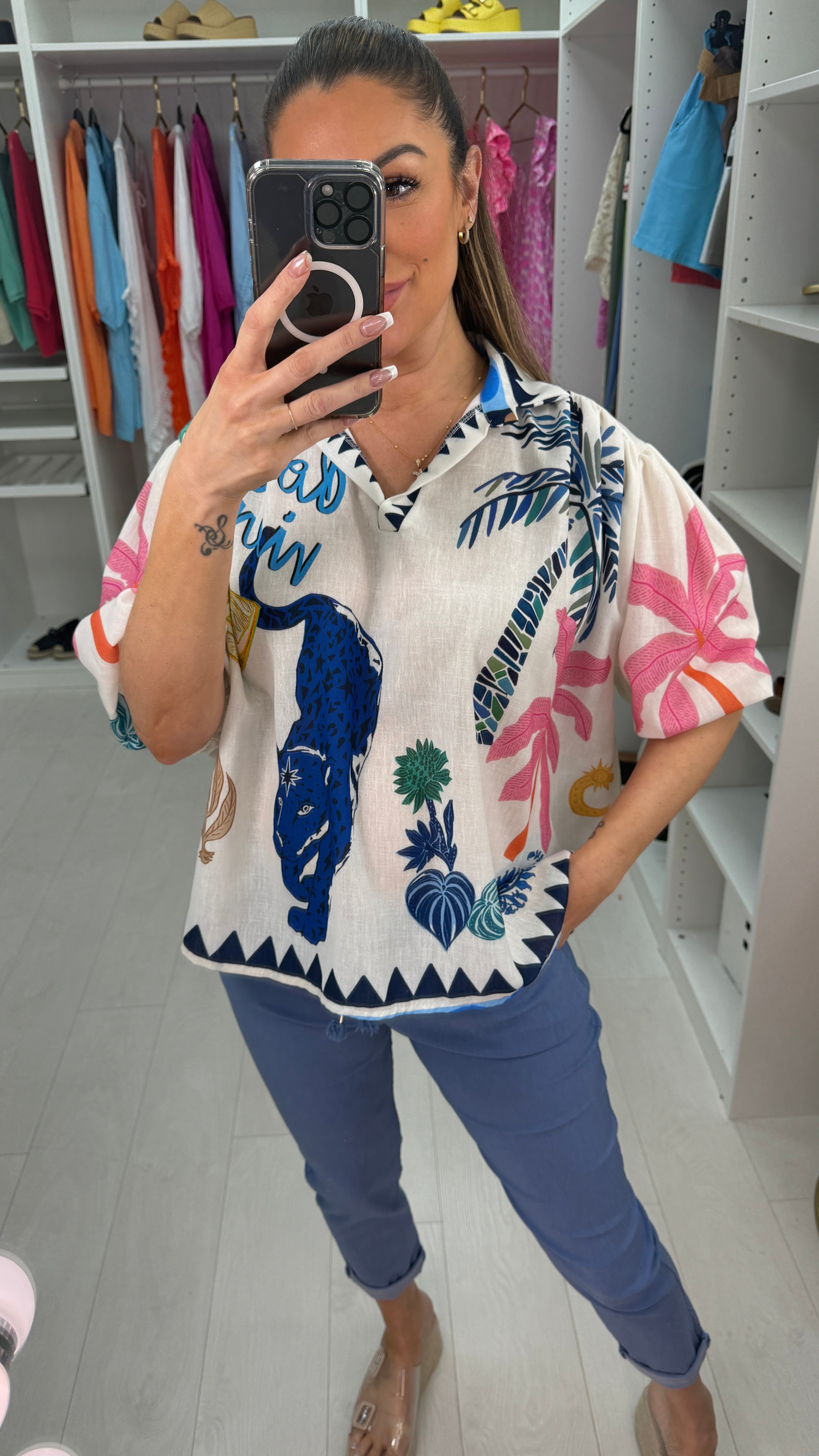 Stellan Tropical Print Ballon Sleeve Top