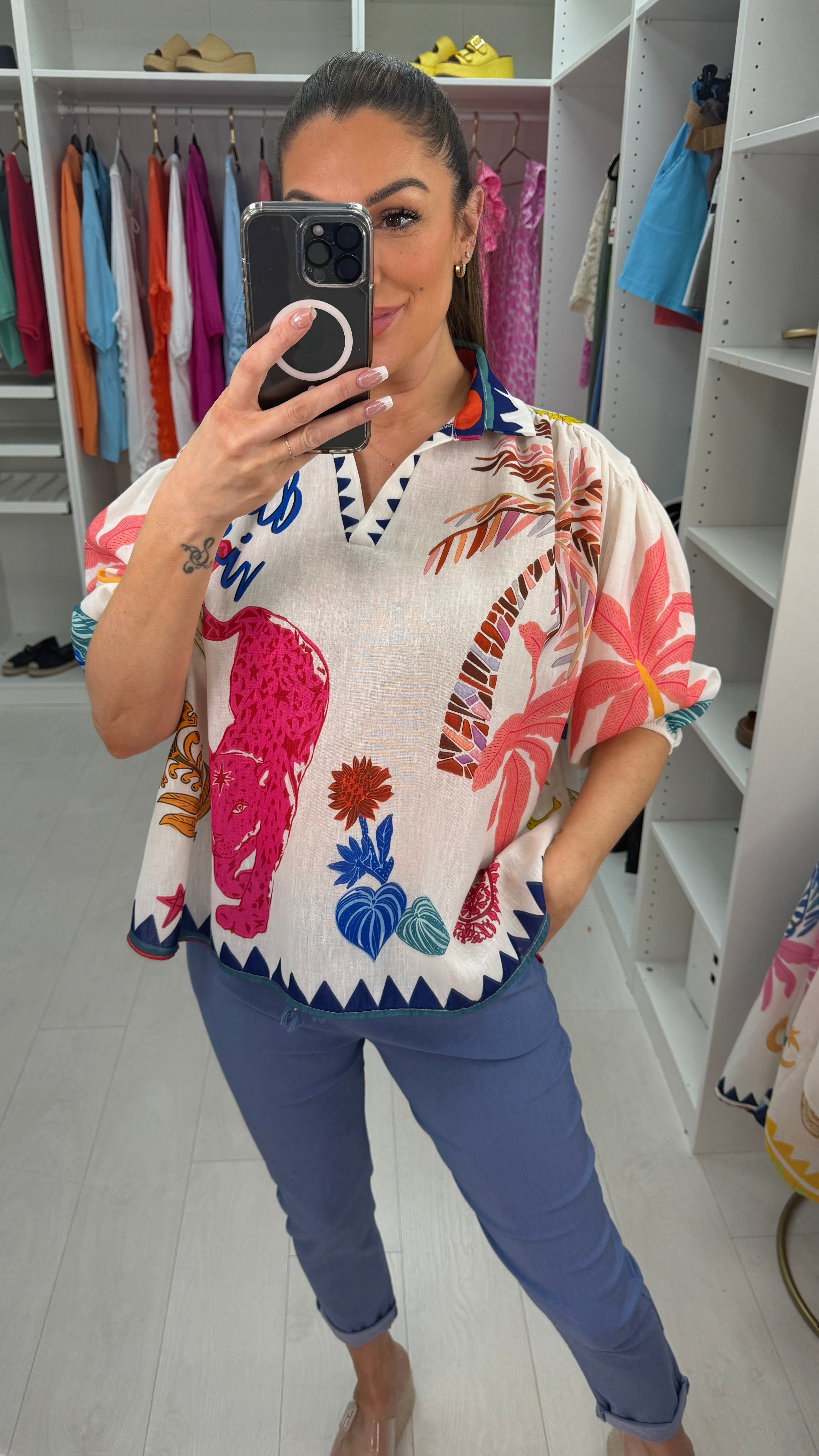 Stellan Tropical Print Ballon Sleeve Top