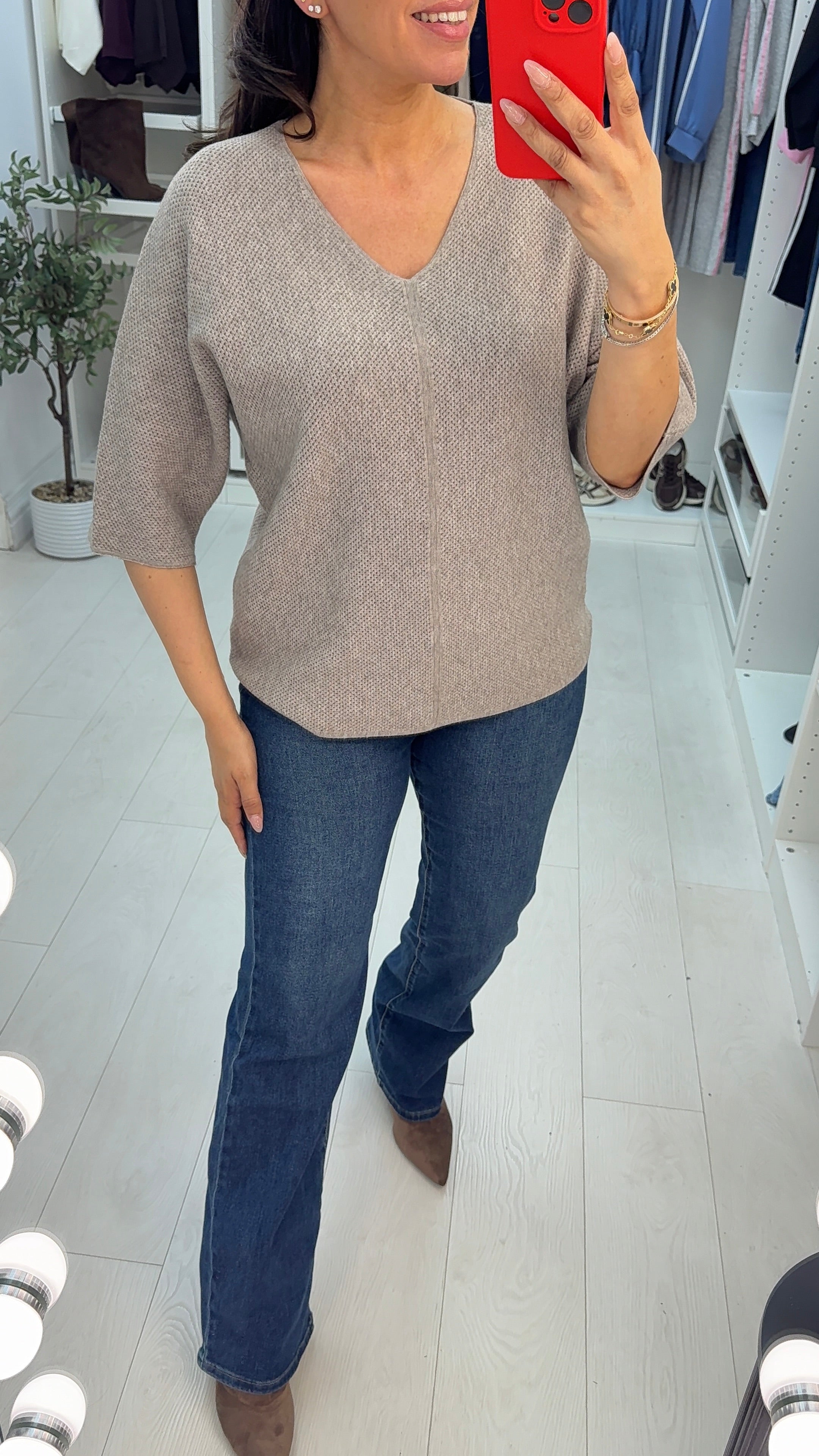 Acia Plain V Neck Waffle Textured Jumper