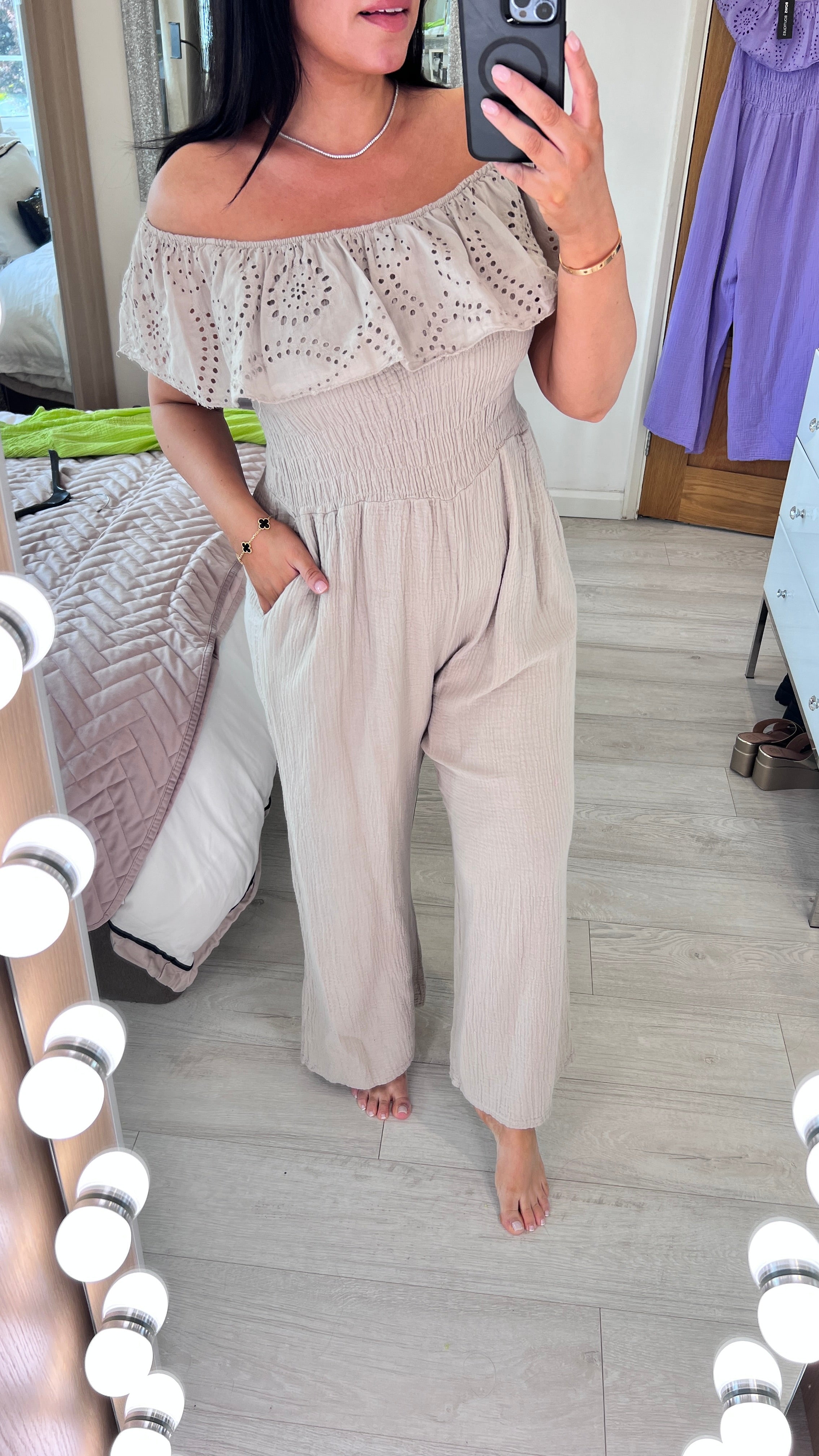 Priscilla Cheesecloth Broderie Frill Bardot Jumpsuit