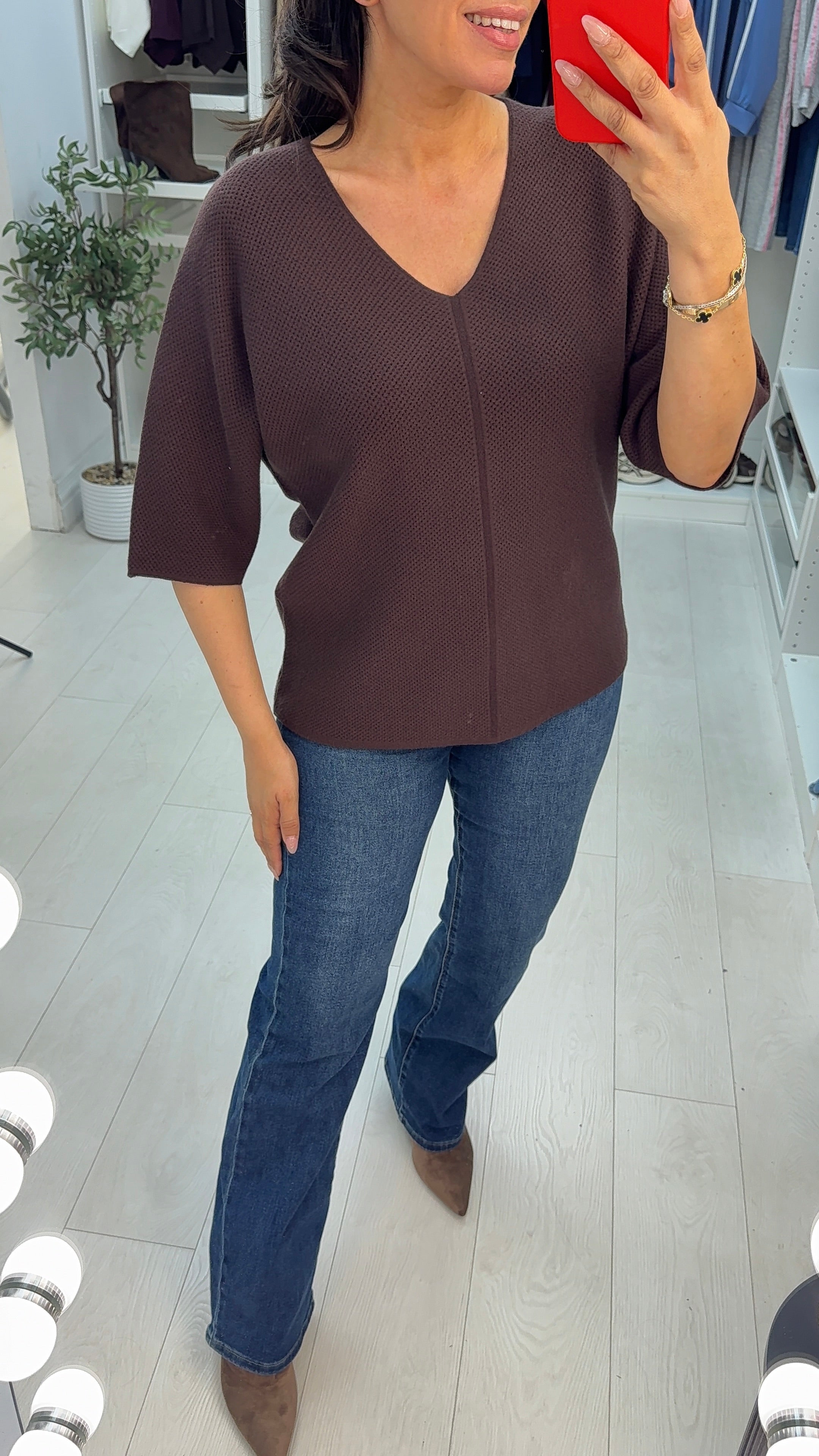 Acia Plain V Neck Waffle Textured Jumper