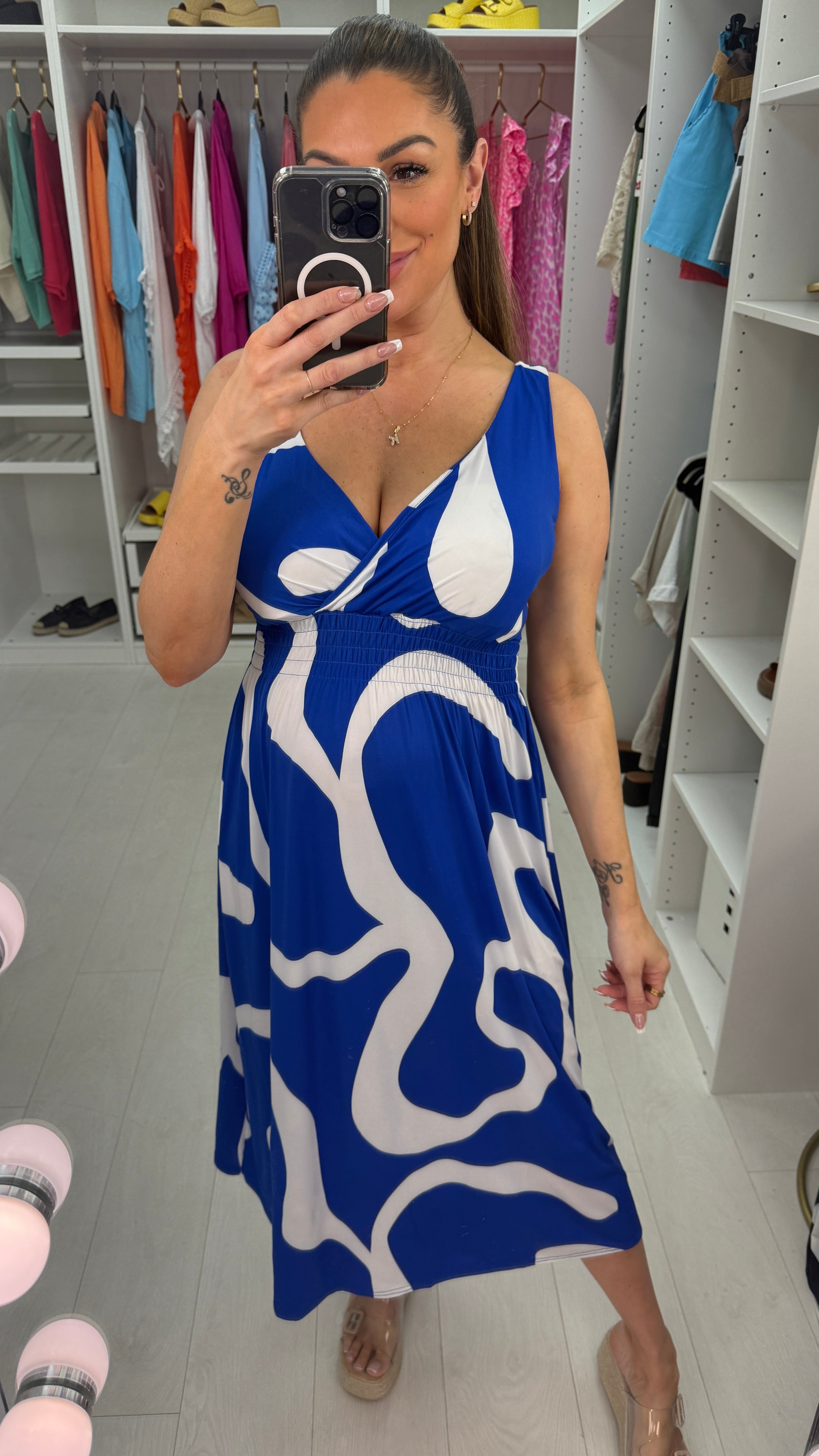 Zena Abstract Print Deep V Neck Magic Dress