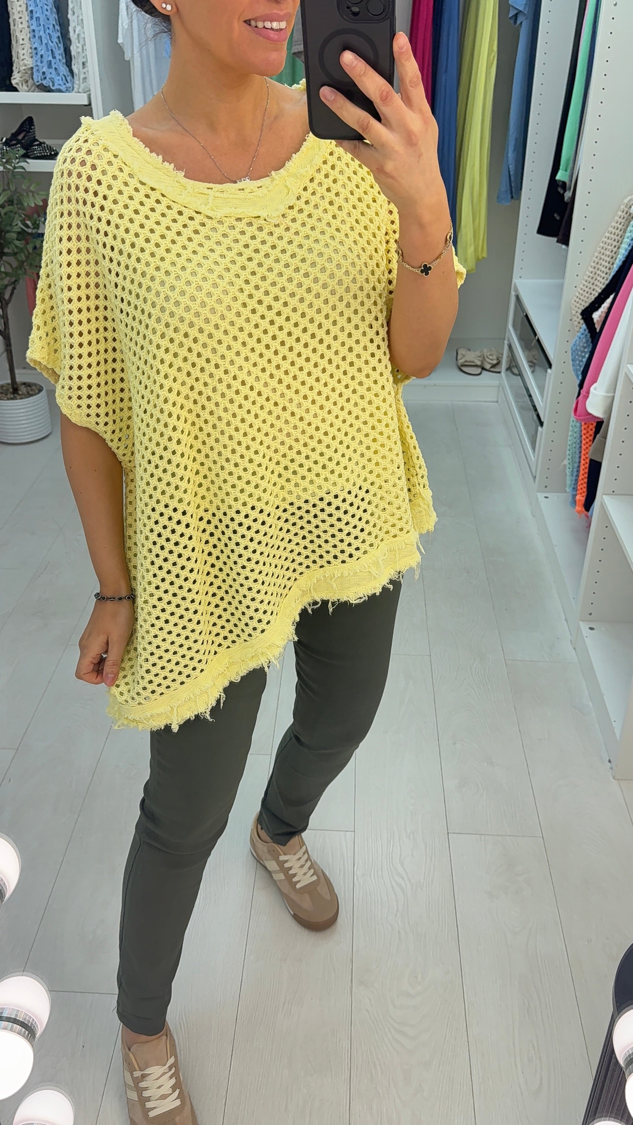 Sharina Frayed Edge Asymmetric Crochet Top