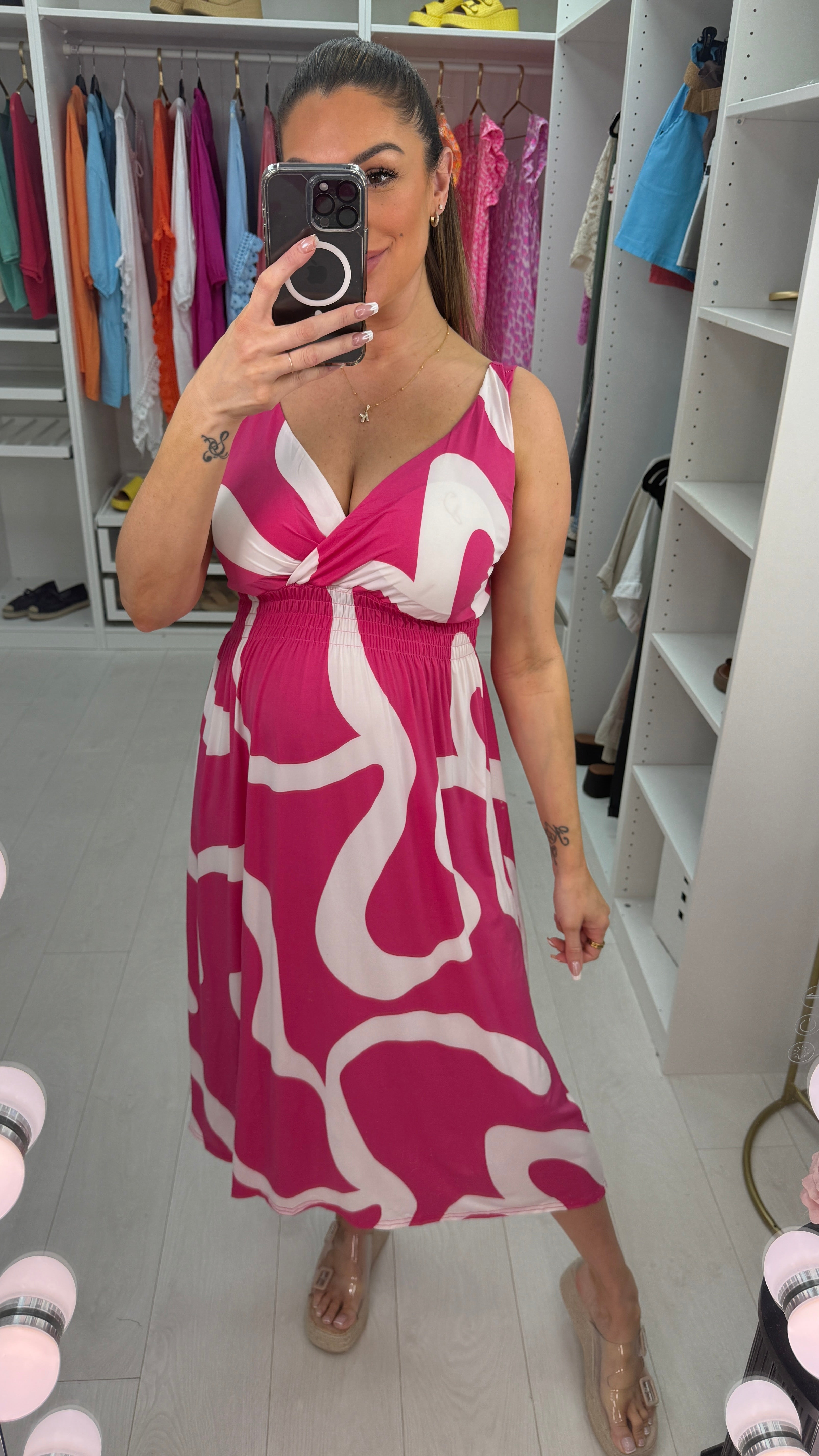 Zena Abstract Print Deep V Neck Magic Dress