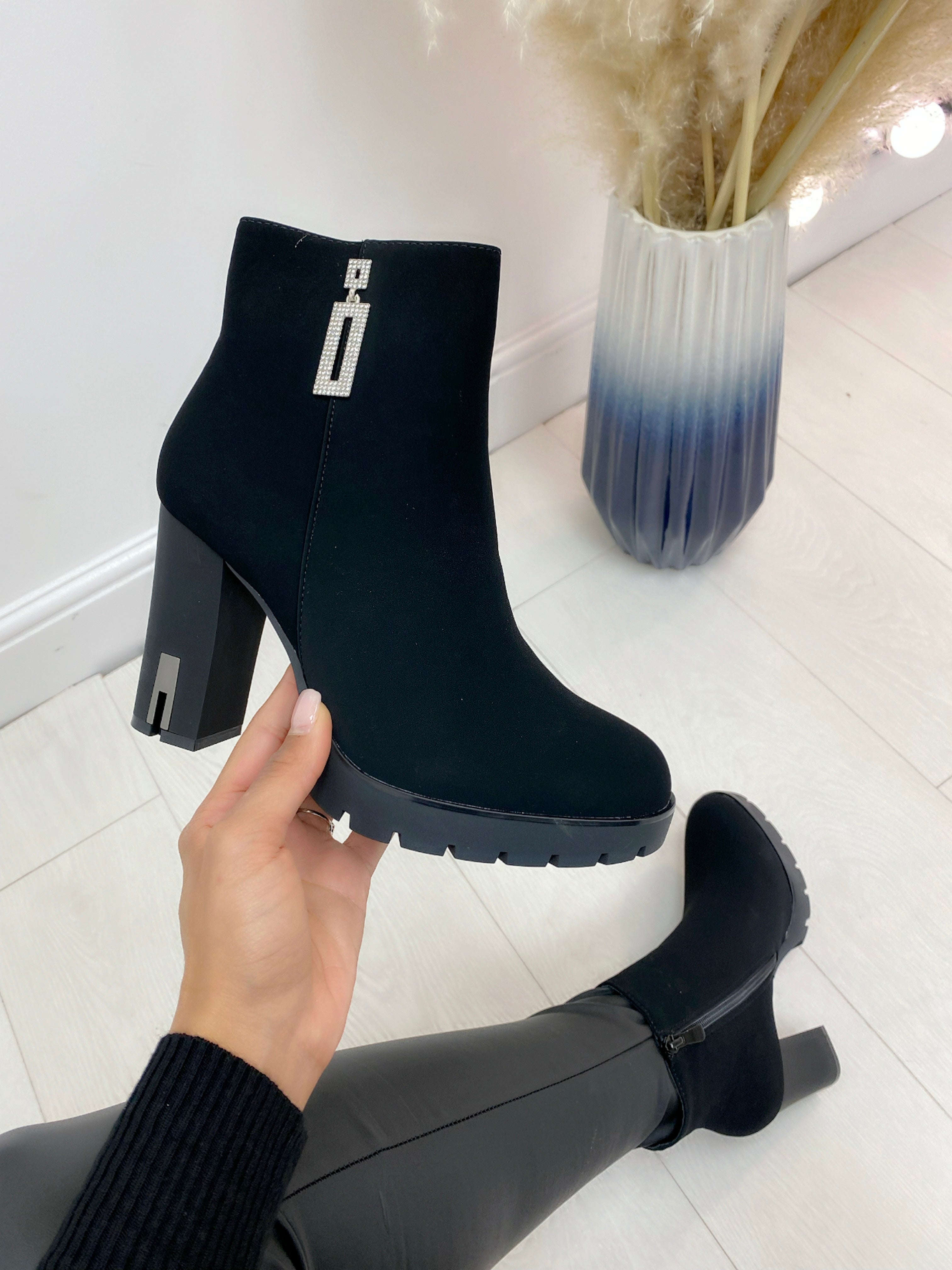 Kitty Black Soft Faux Suede Diamante Detail Chunky Heel Boot