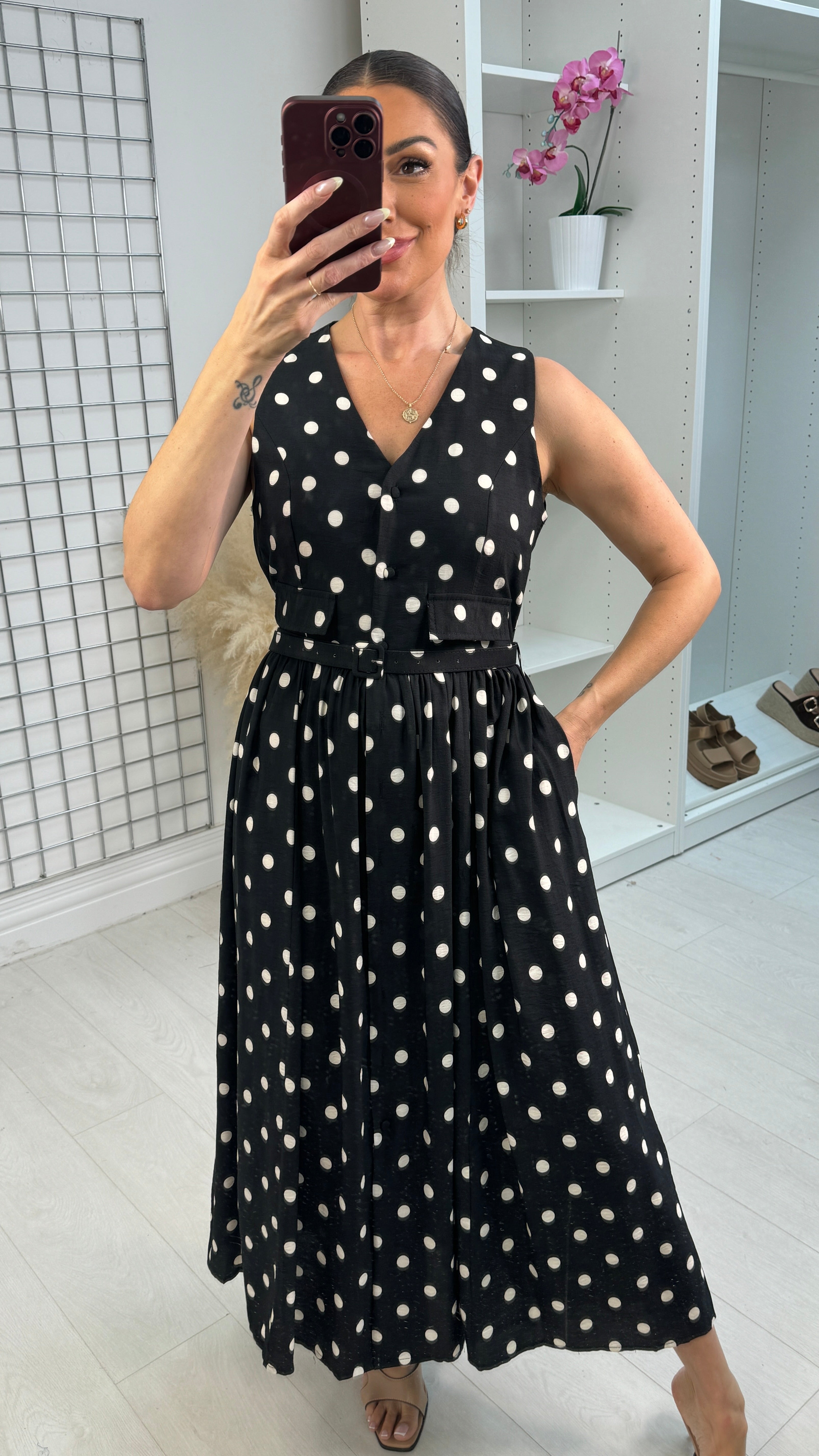 Zoya Polka Dot Belted Midi Dress