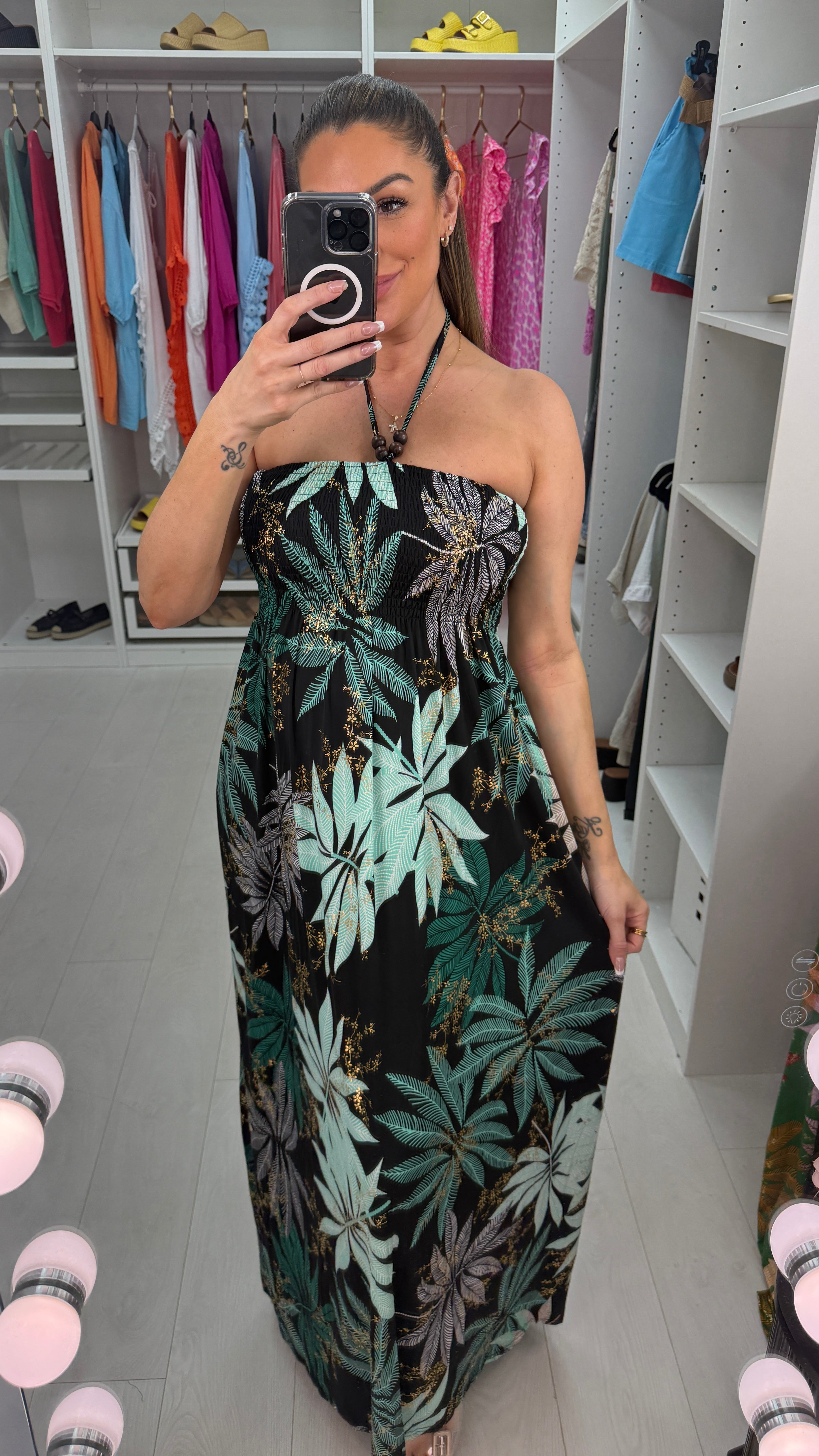Gaynor Leaf Print Elasticated Bust Magic Maxi Dress