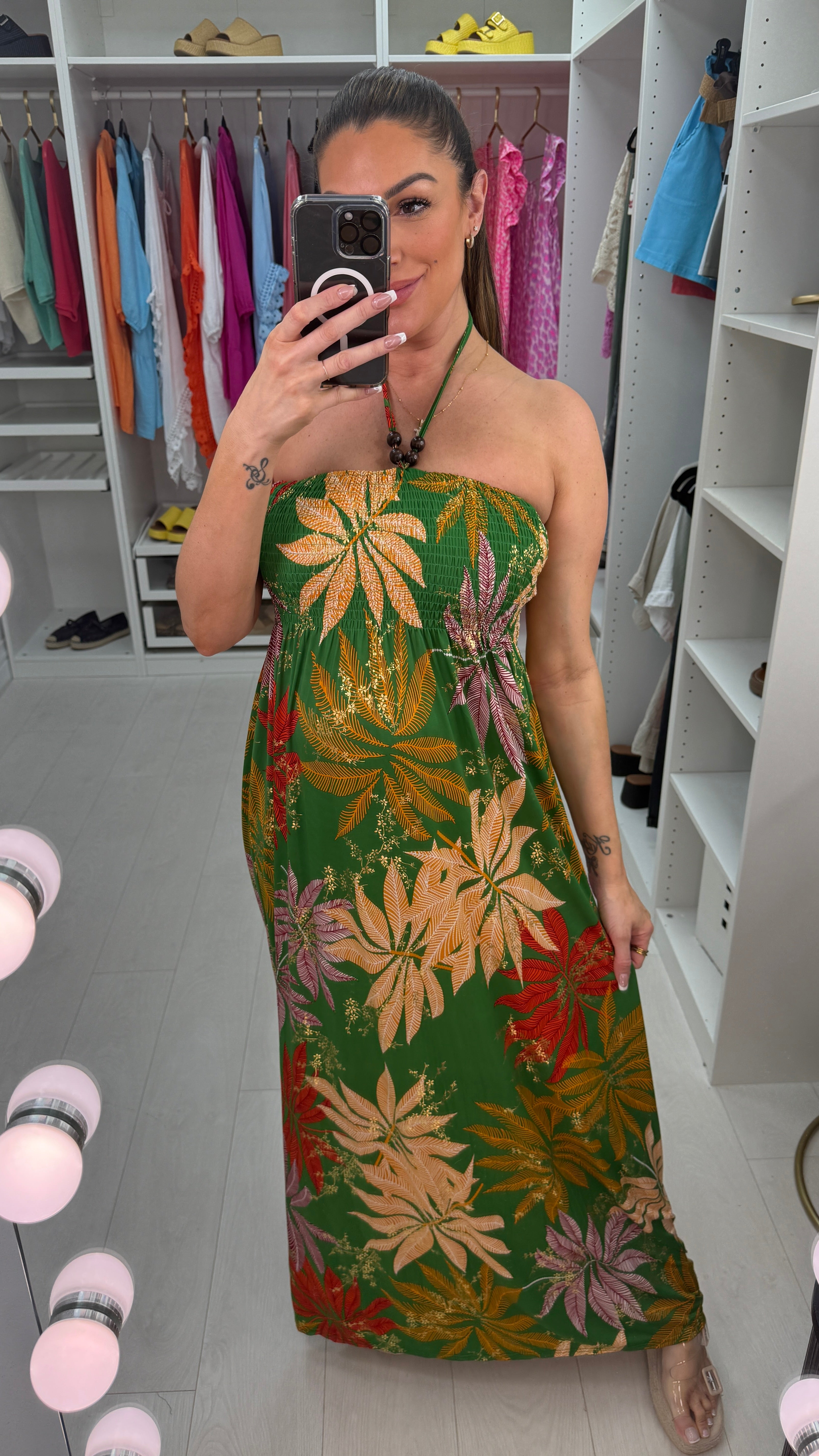 Gaynor Leaf Print Elasticated Bust Magic Maxi Dress