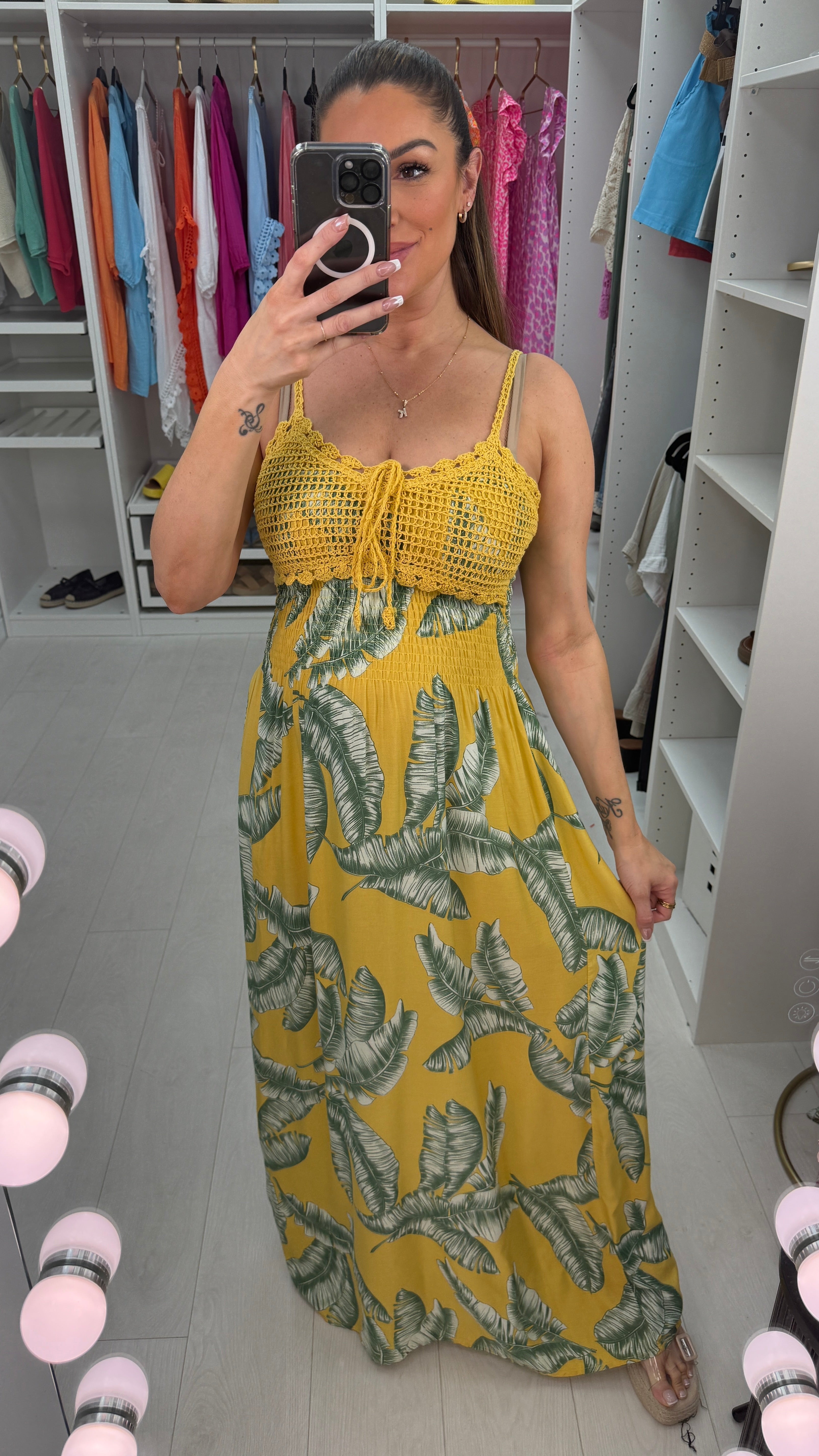 Kindra Leaf Print Crochet Bust Maxi Dress