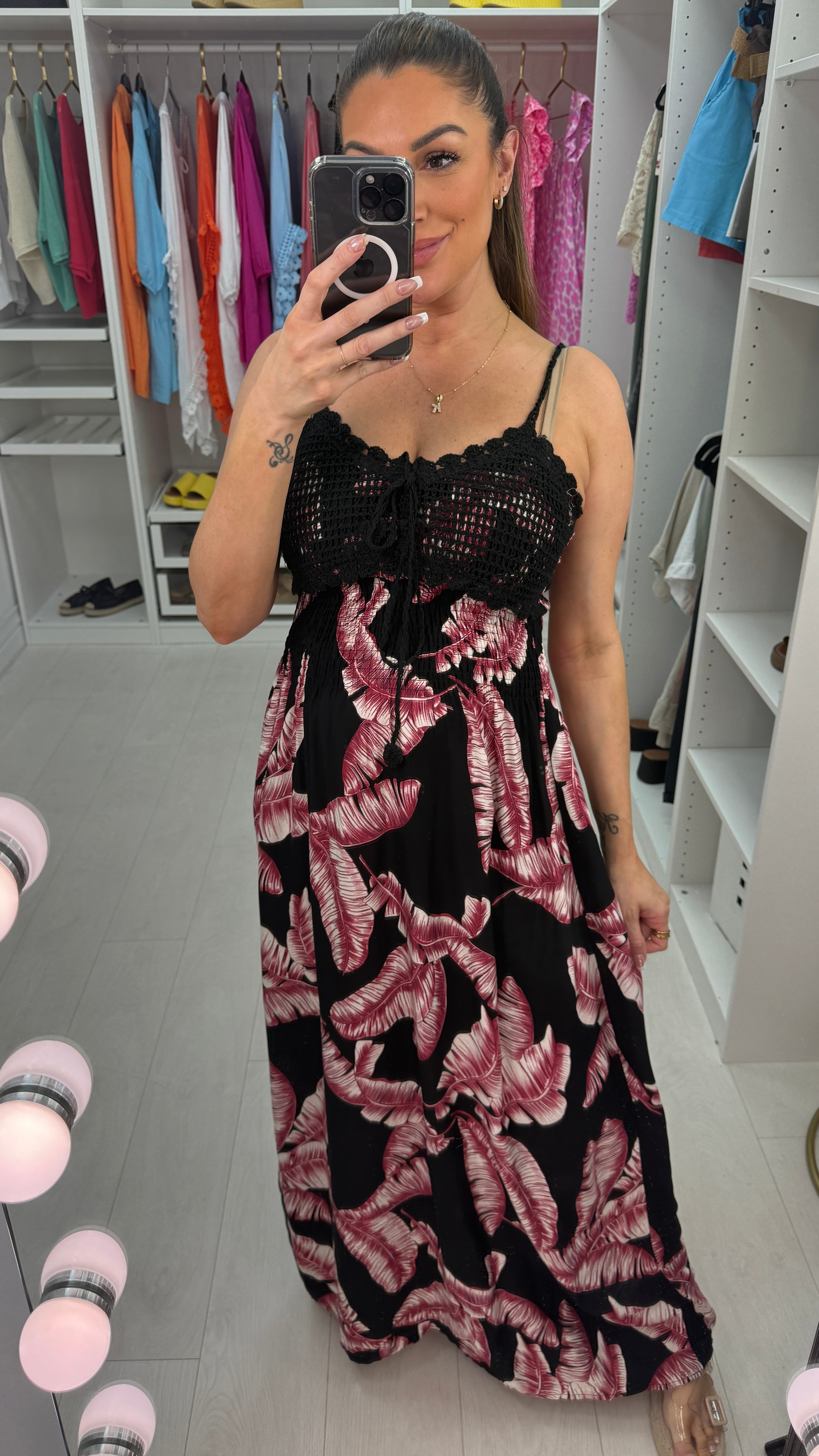 Kindra Leaf Print Crochet Bust Maxi Dress