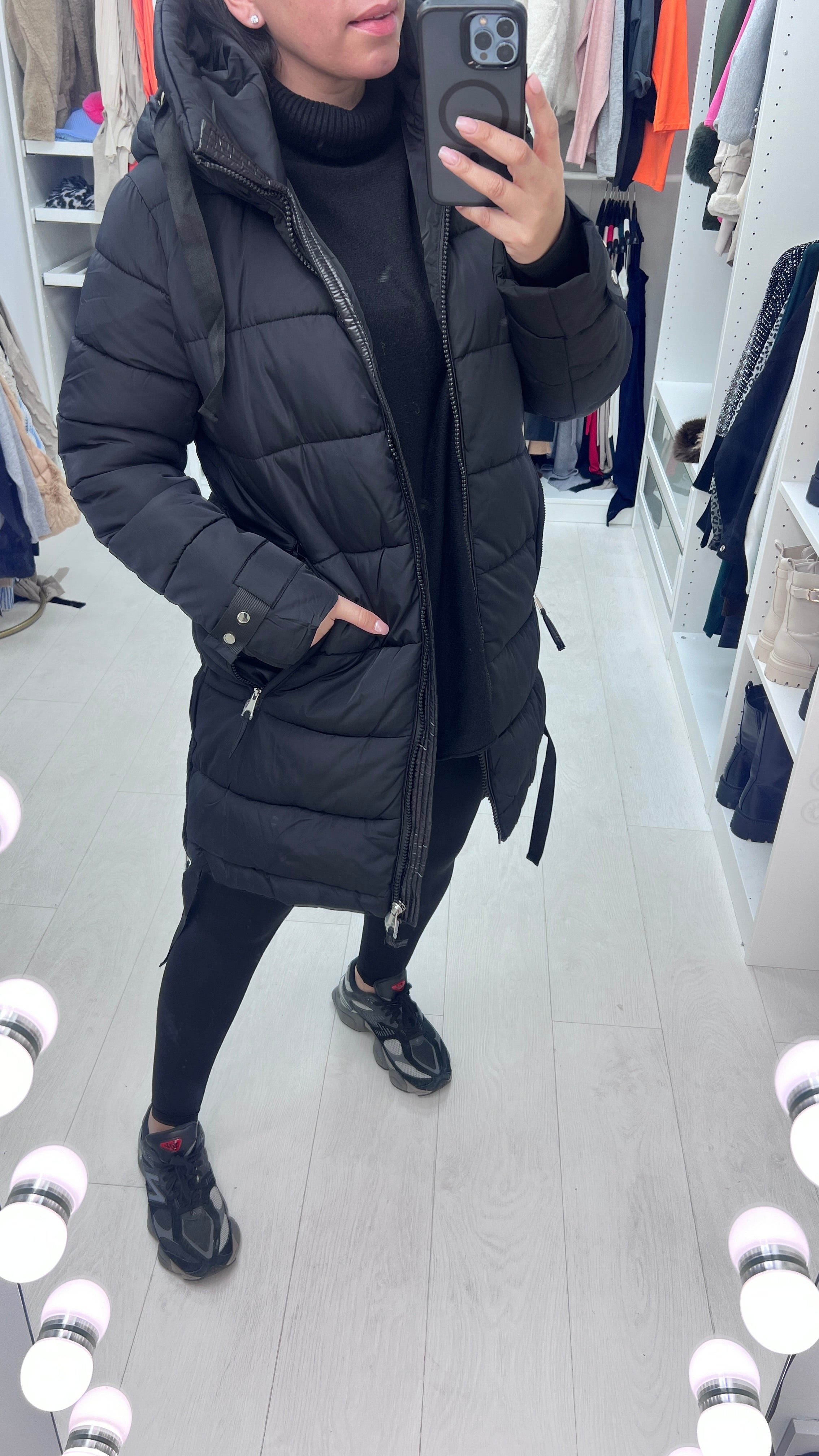 Autumn Black Zip Detail Hooded Puffer Coat