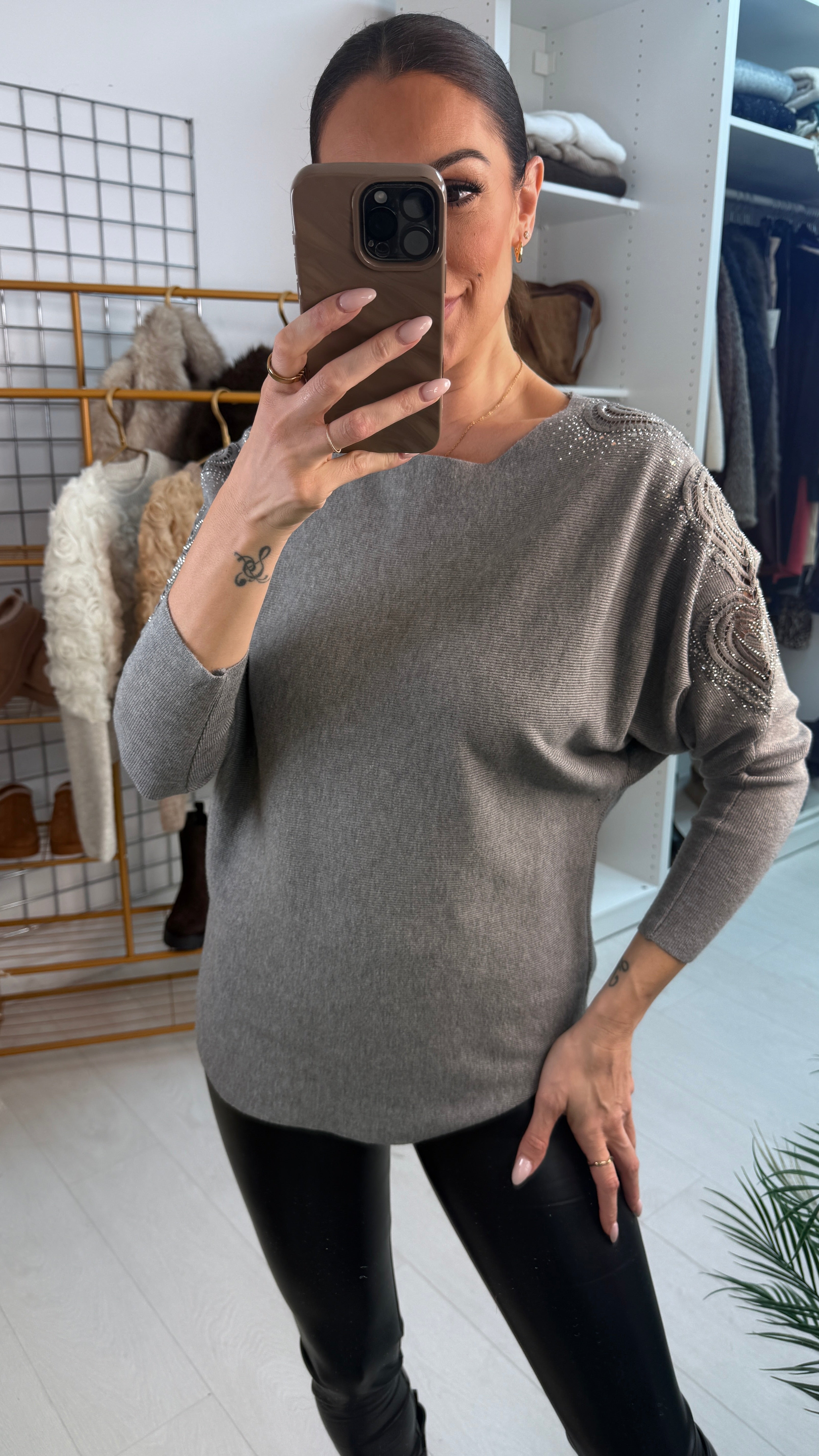 Hollis Embellished Sleeve Ribbed Knit Jumper