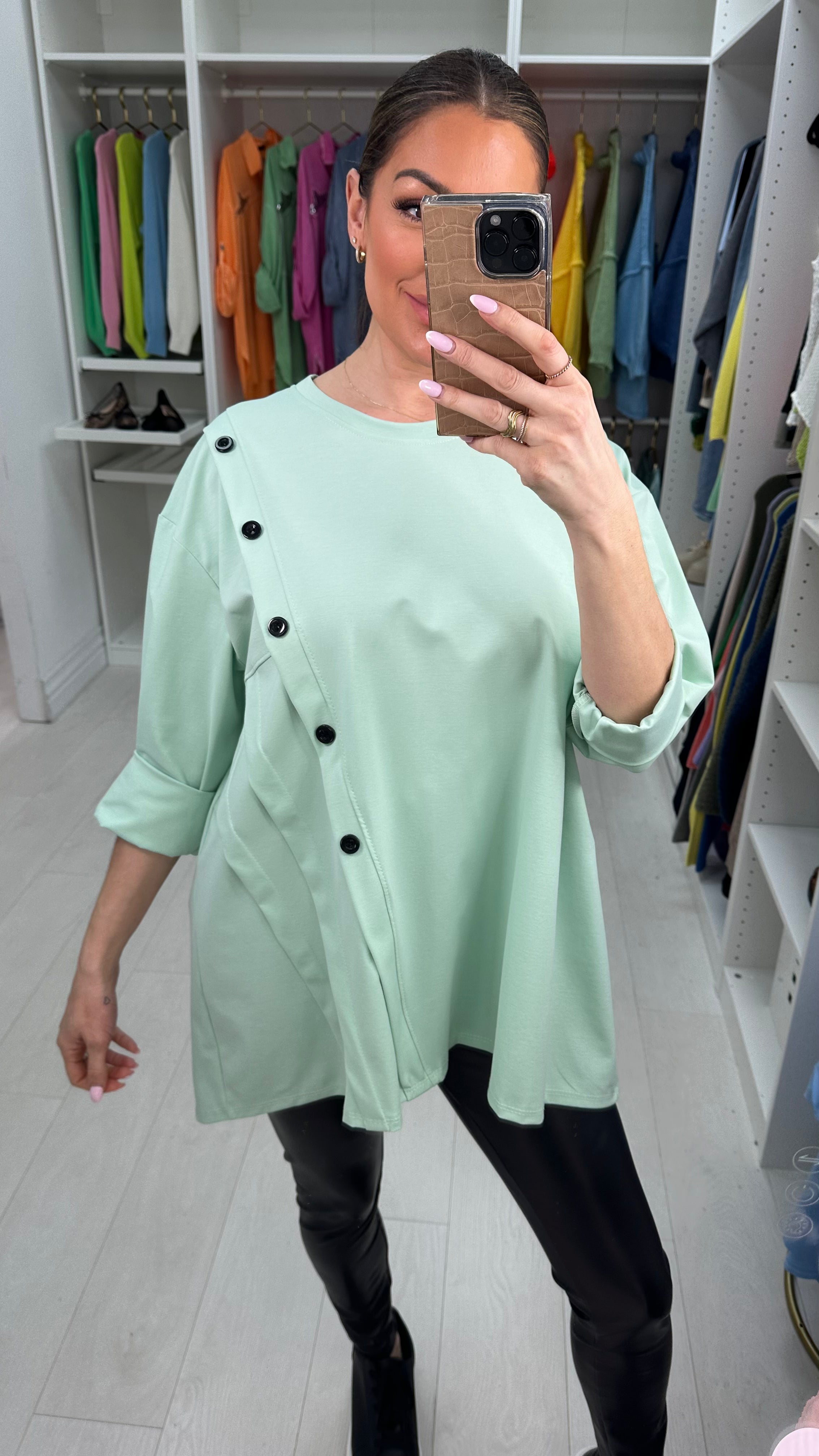 Betty Plain Oversized Button Detail Longline Top