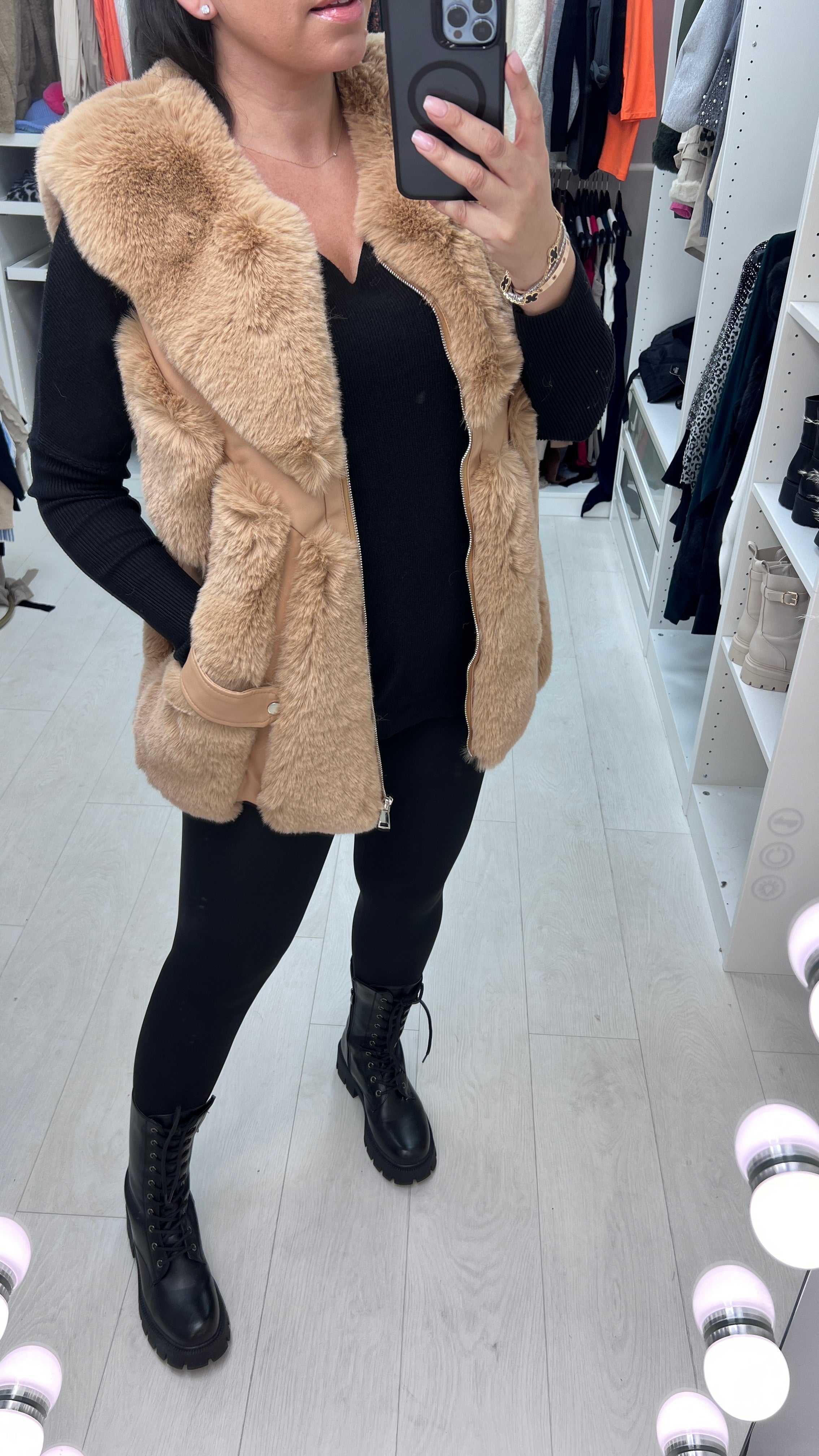 Aerin Camel Faux Fur Panelled Gilet