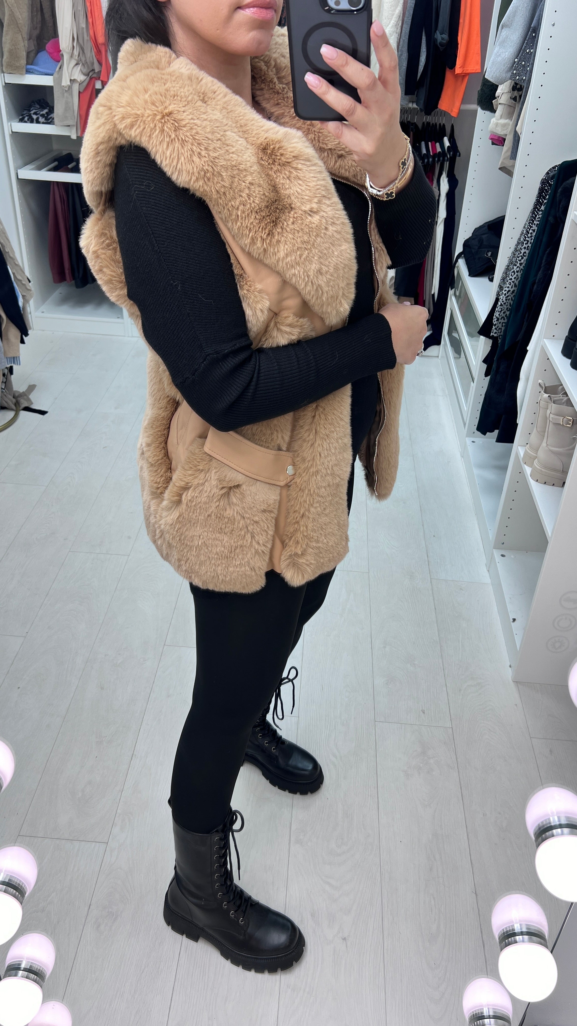 Aerin Camel Faux Fur Panelled Gilet