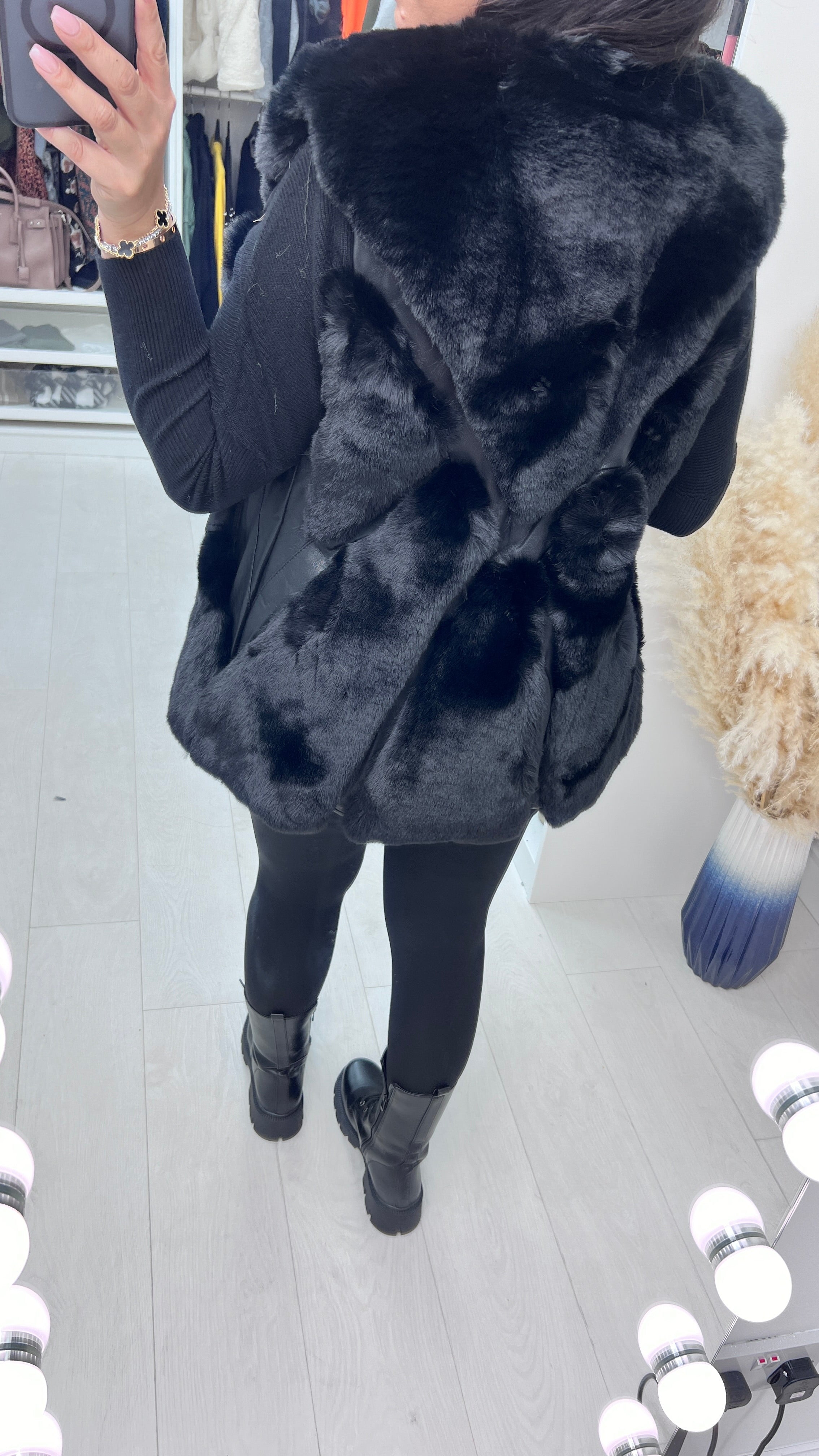 Aerin Black Faux Fur Panelled Gilet