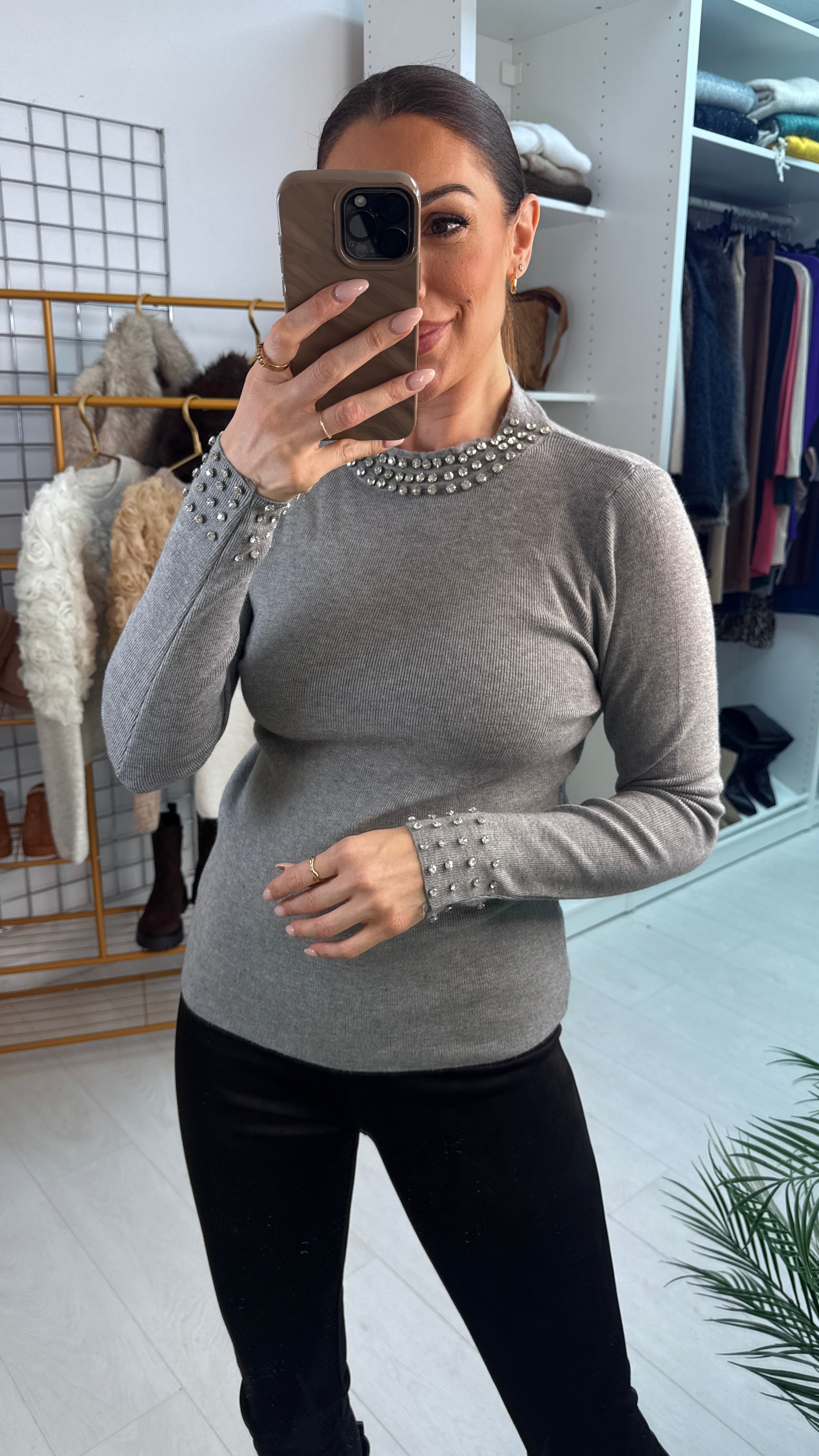 Patrese Diamante Detail Round Neck Ribbed Jumper