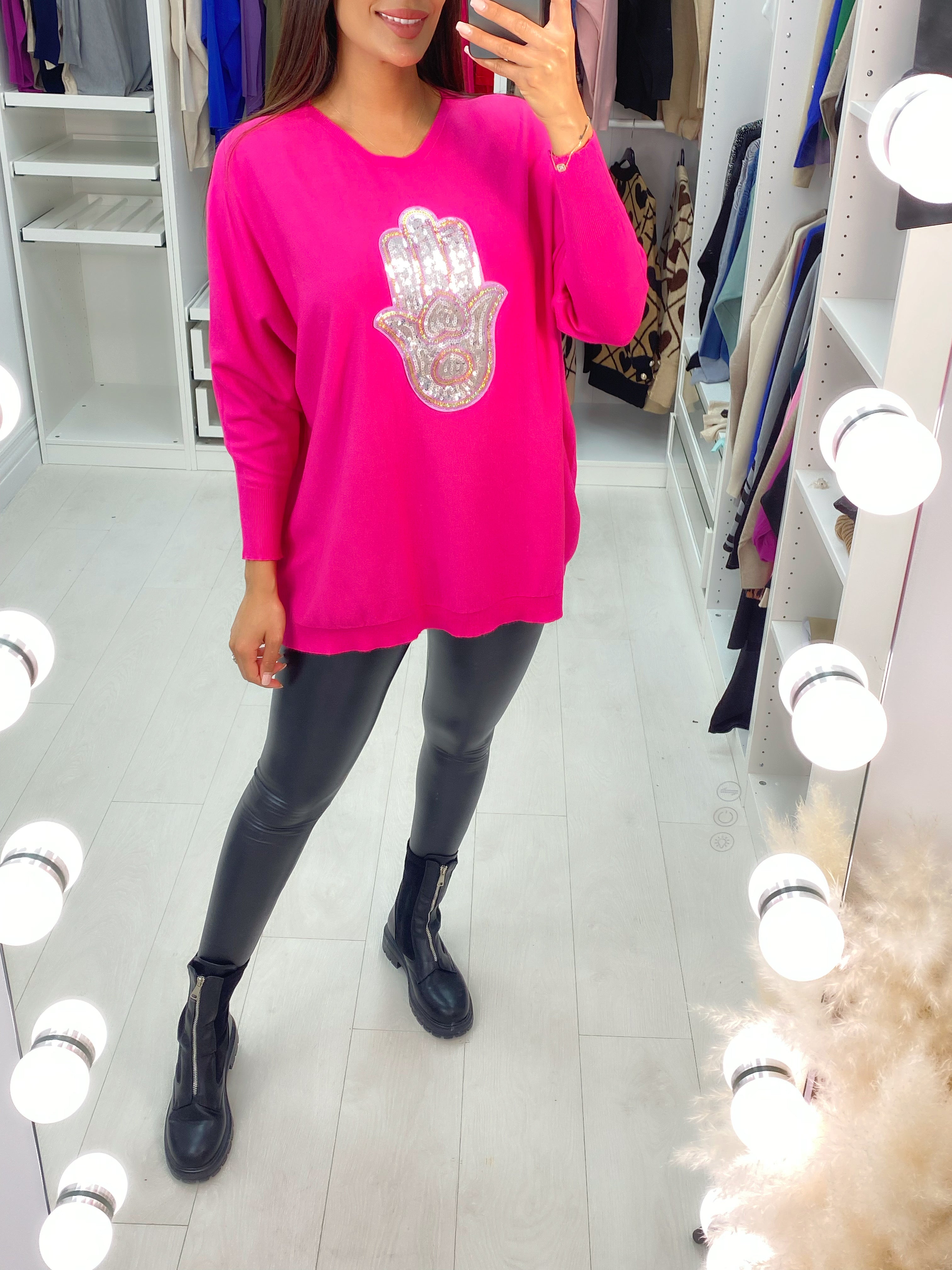 Ela Sequin Hamsa Hand Drop Sleeve Knit Top