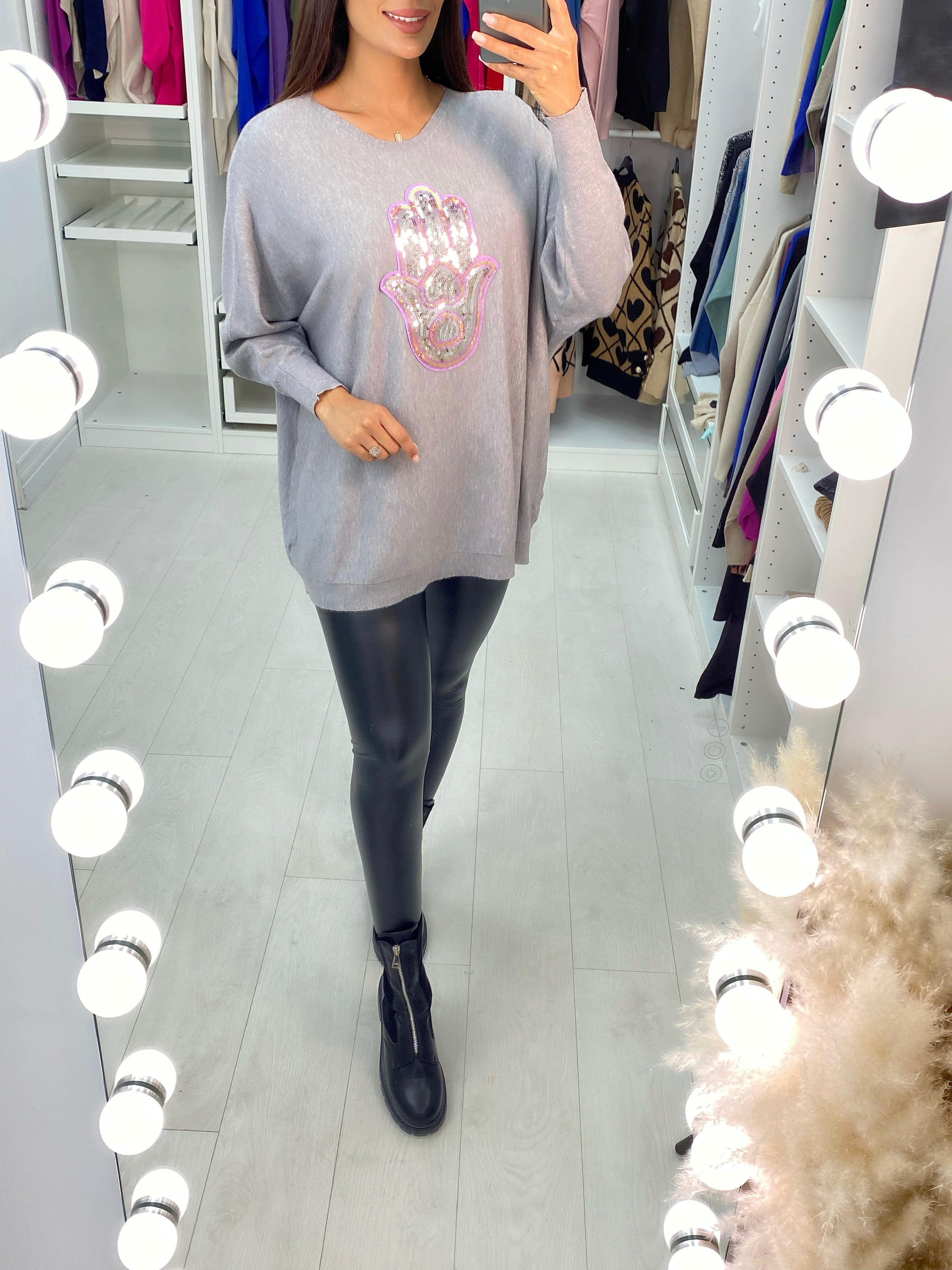 Ela Sequin Hamsa Hand Drop Sleeve Knit Top