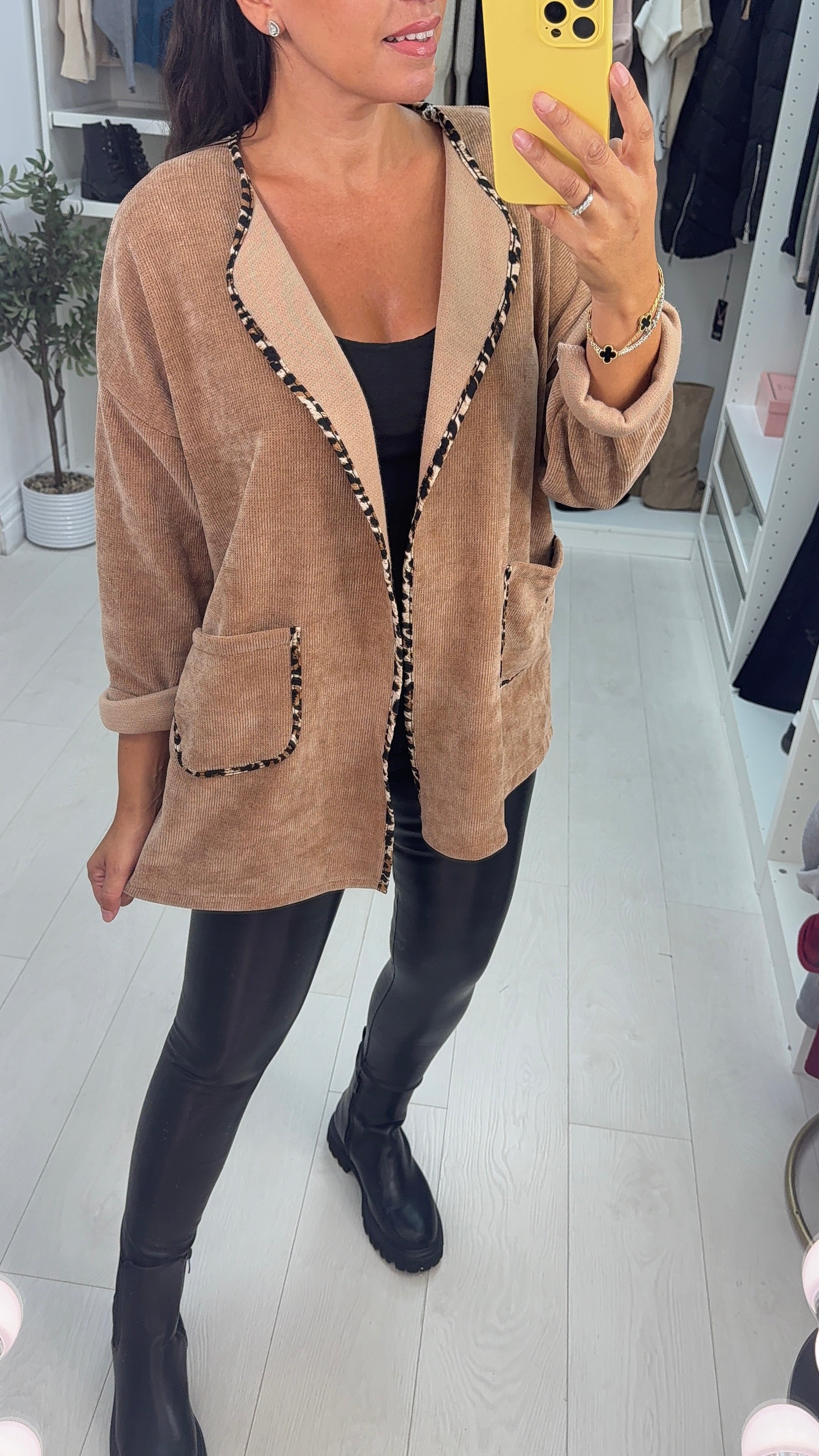 Dani Plain Leopard Print Trim Corduroy Open Front Cardigan