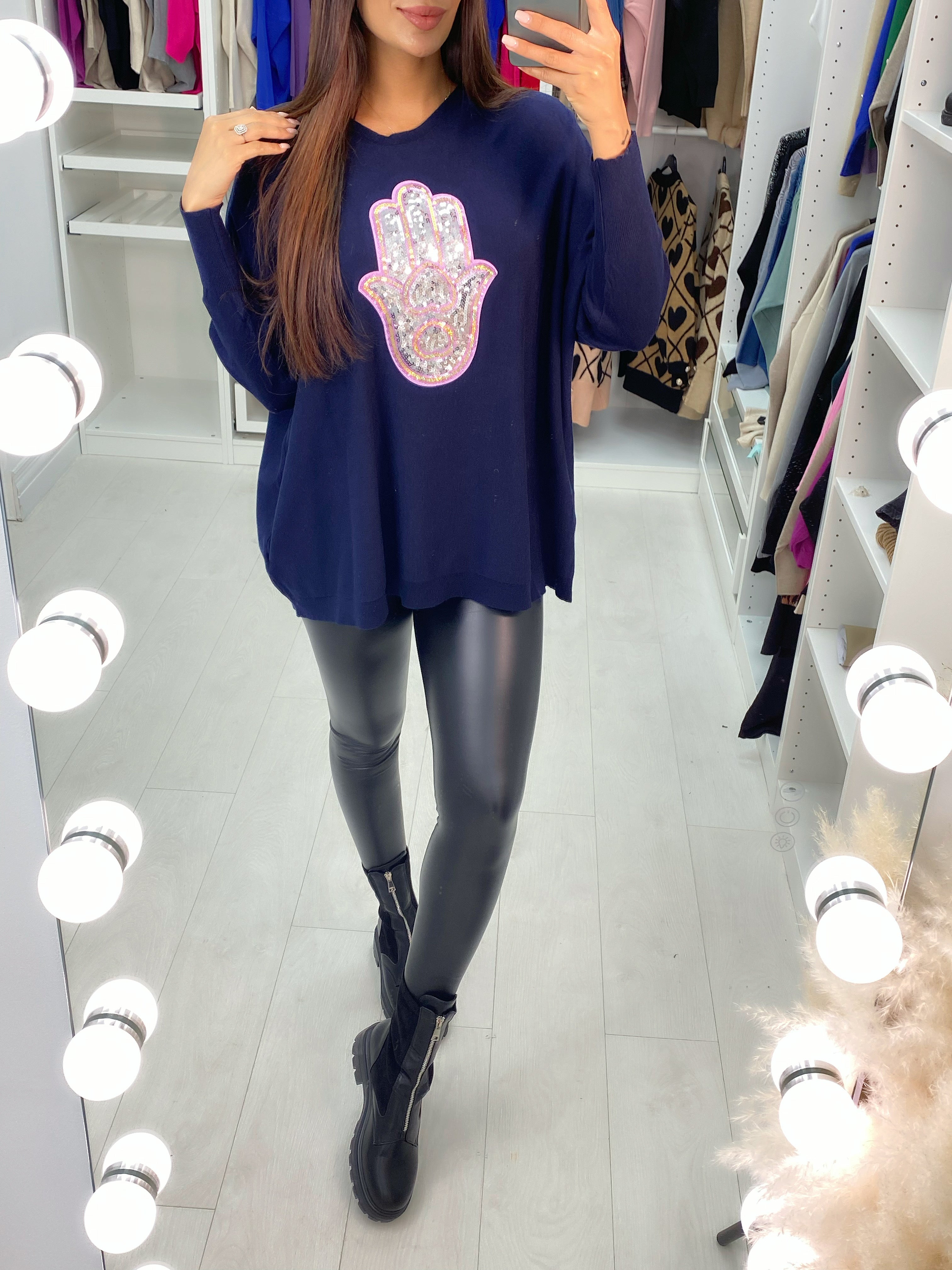 Ela Sequin Hamsa Hand Drop Sleeve Knit Top