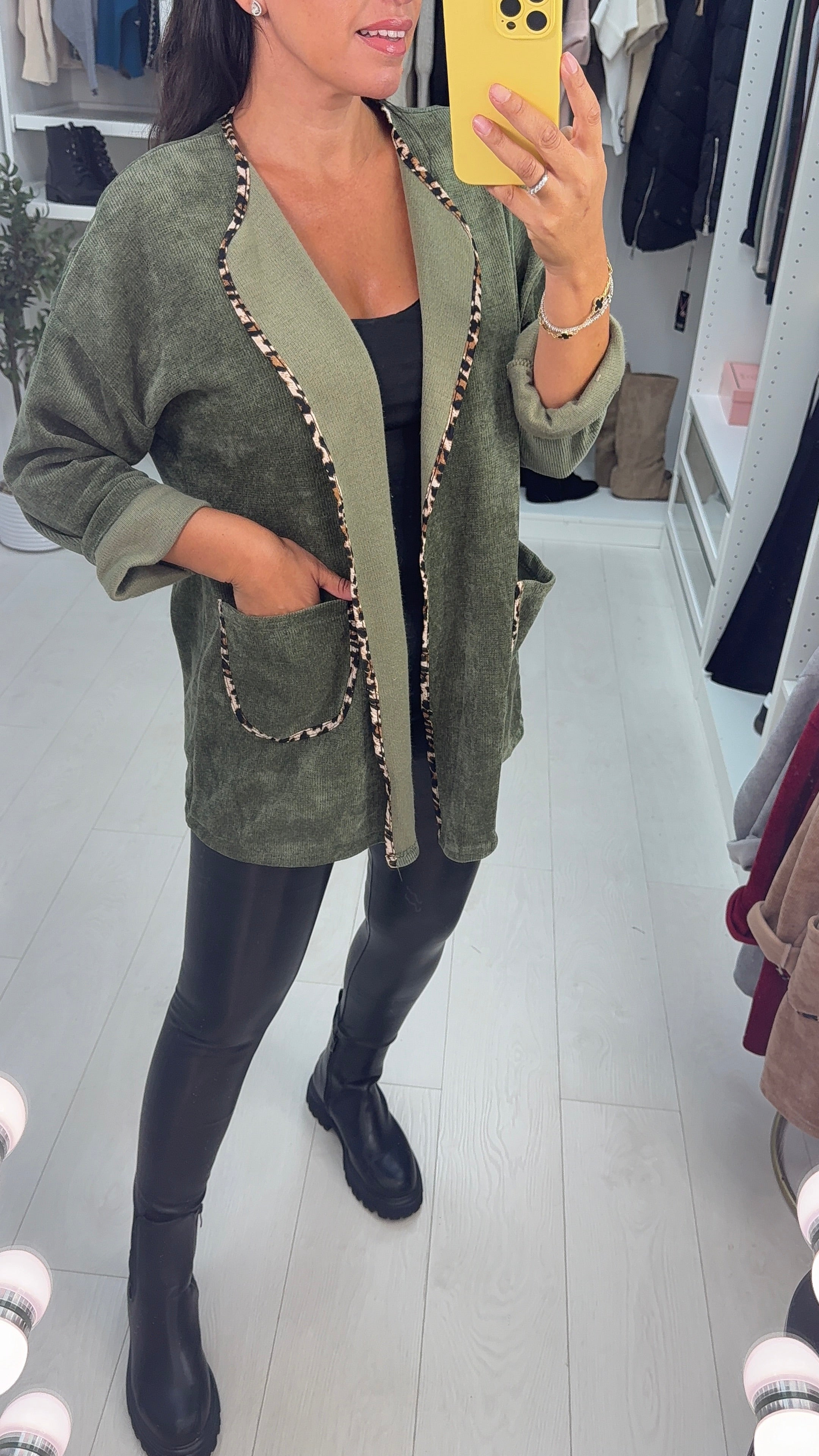 Dani Plain Leopard Print Trim Corduroy Open Front Cardigan