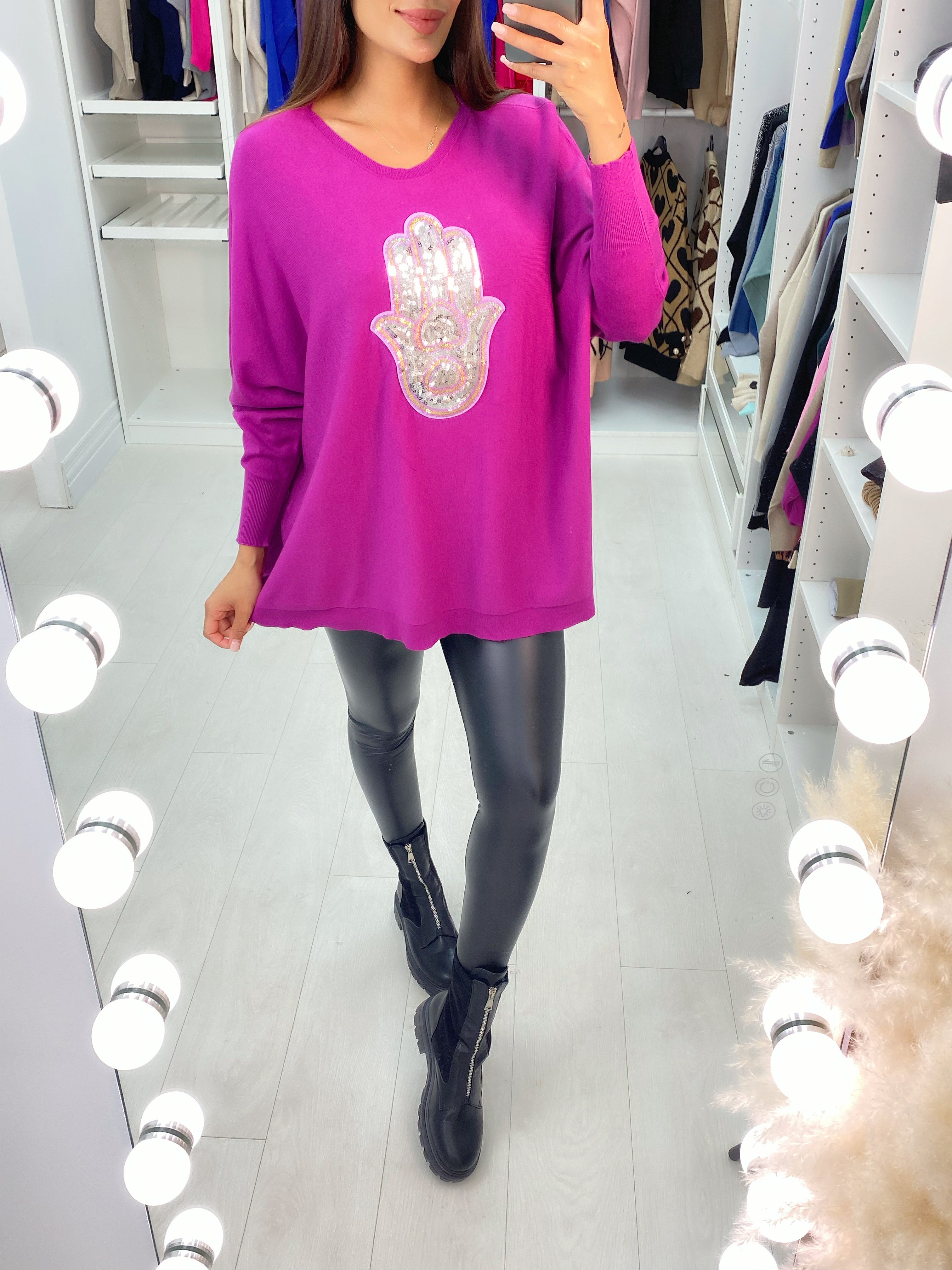 Ela Sequin Hamsa Hand Drop Sleeve Knit Top