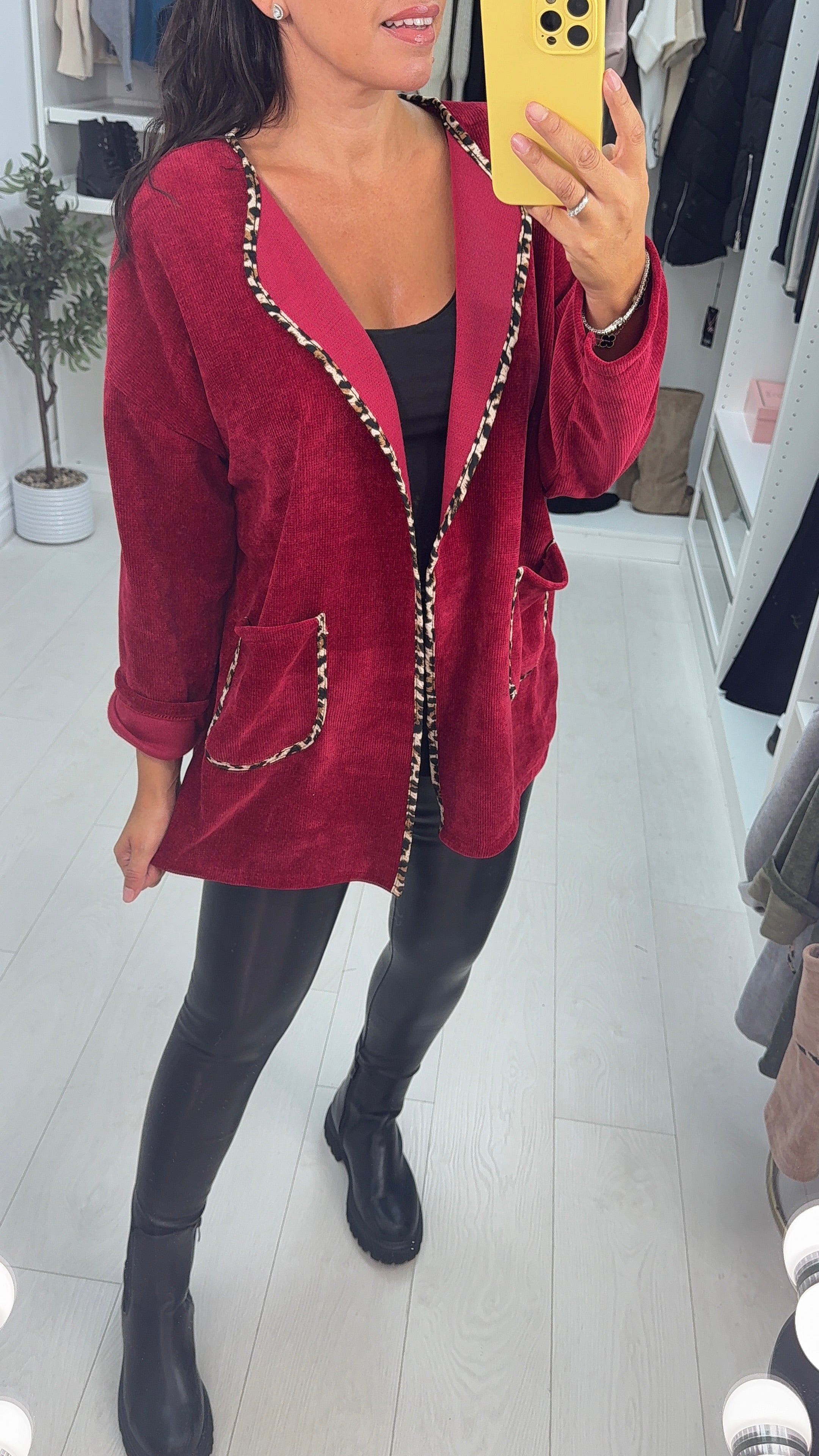 Dani Plain Leopard Print Trim Corduroy Open Front Cardigan