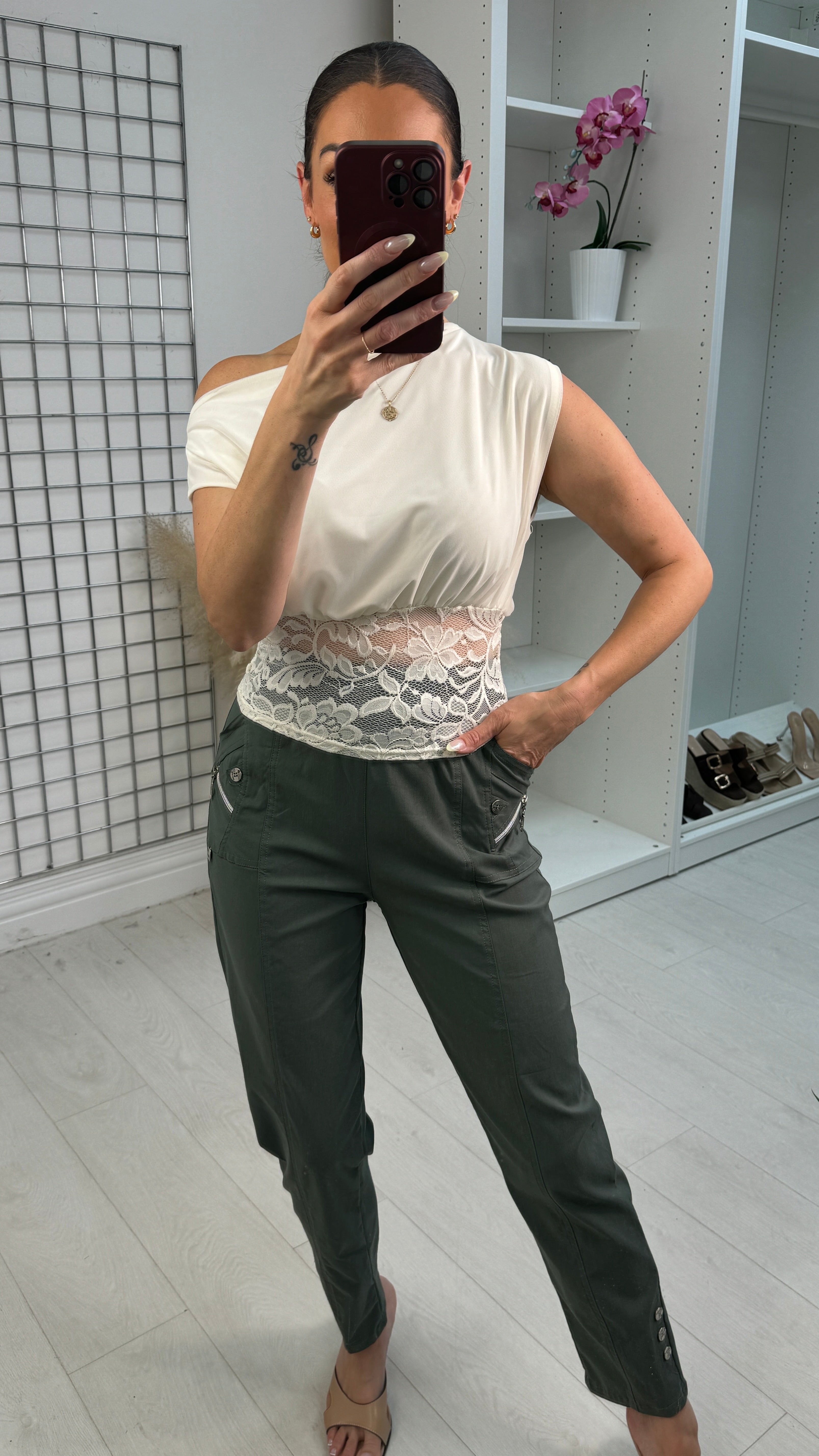 Hida Plain Lace Trim One Shoulder Top