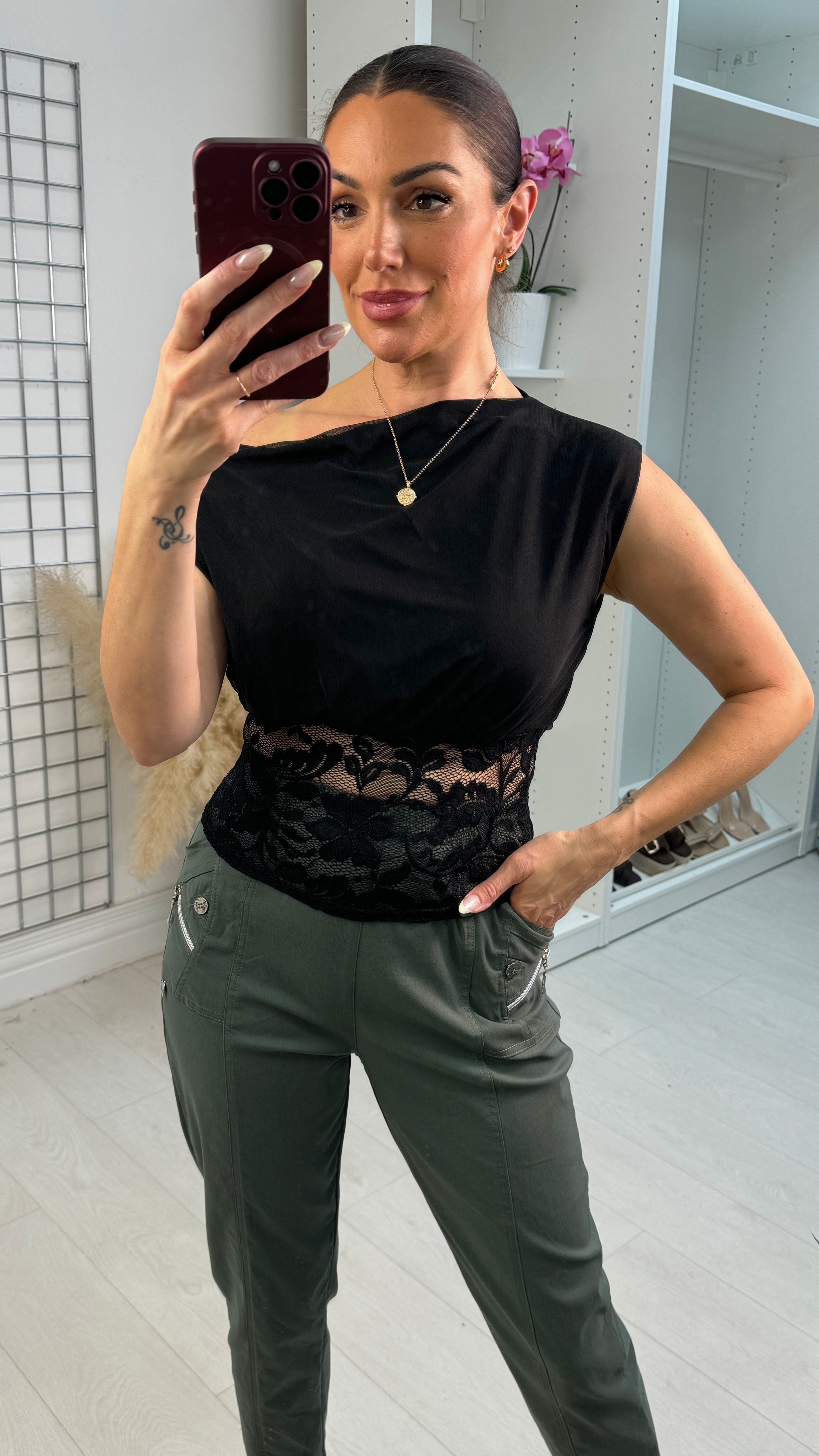 Hida Plain Lace Trim One Shoulder Top