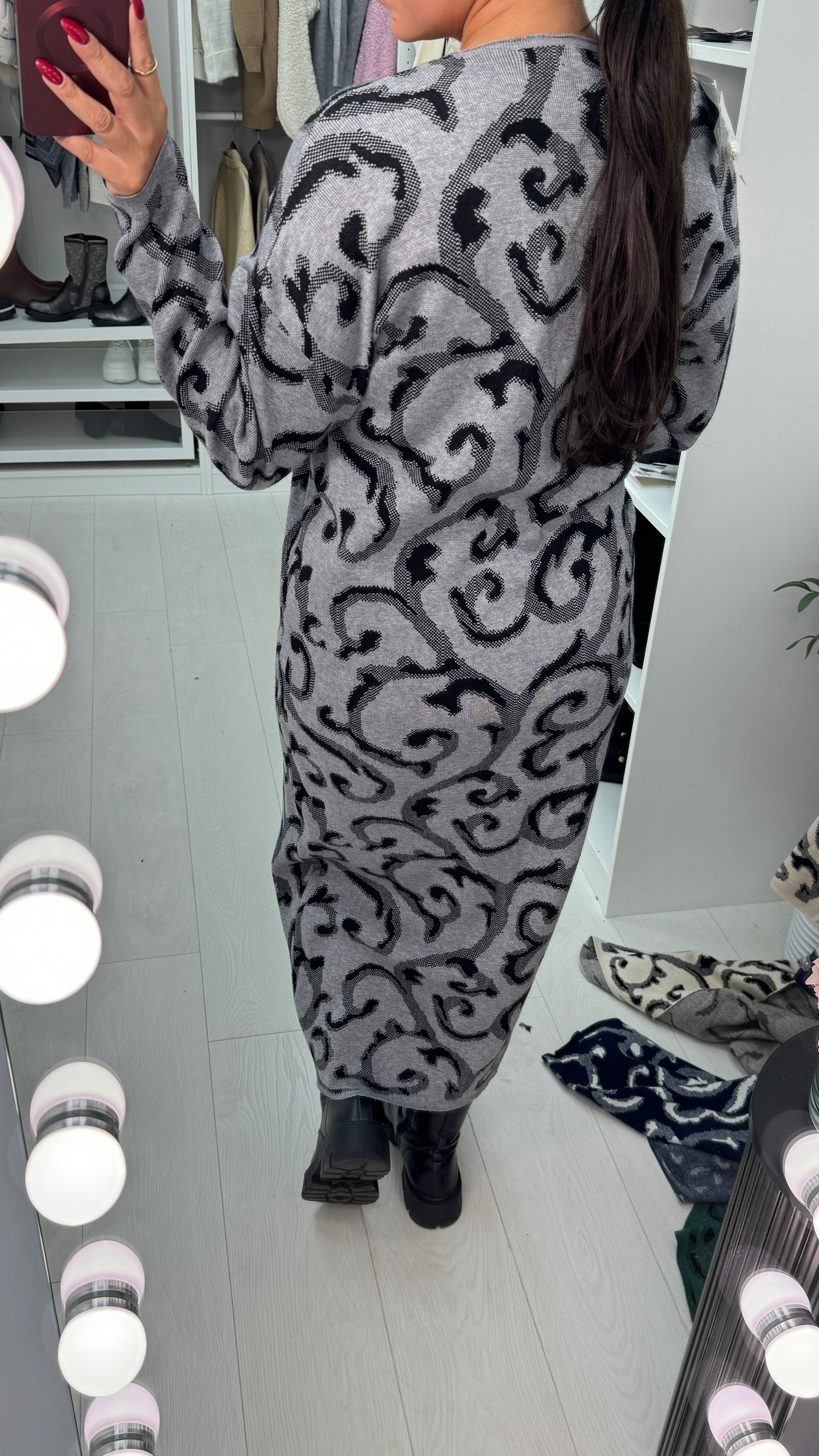 Aldoree Abstract Print Brooch Detail Longline Cardigan