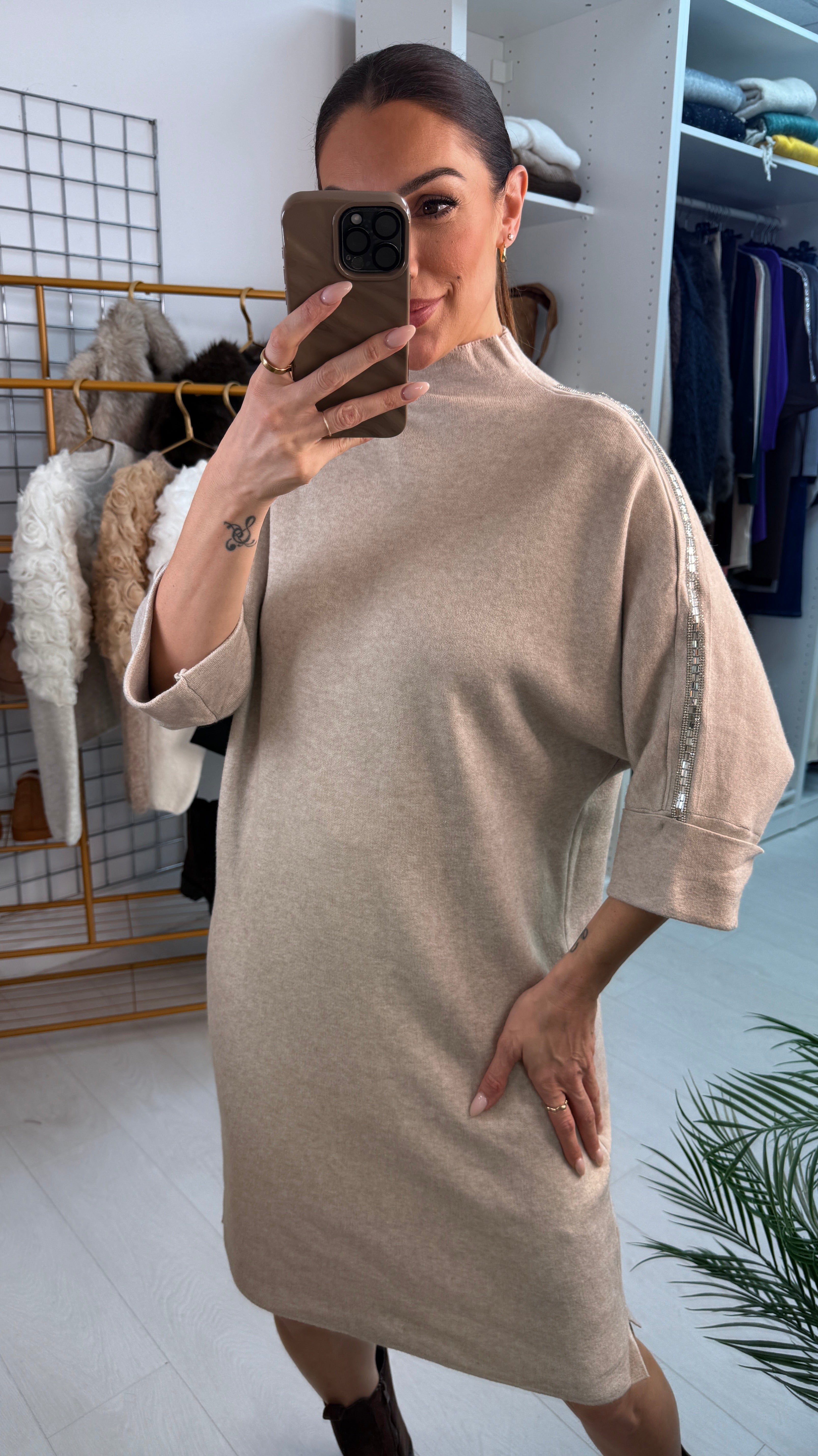 Otis Plain Embellished 3/4 Sleeve Jumper Dress