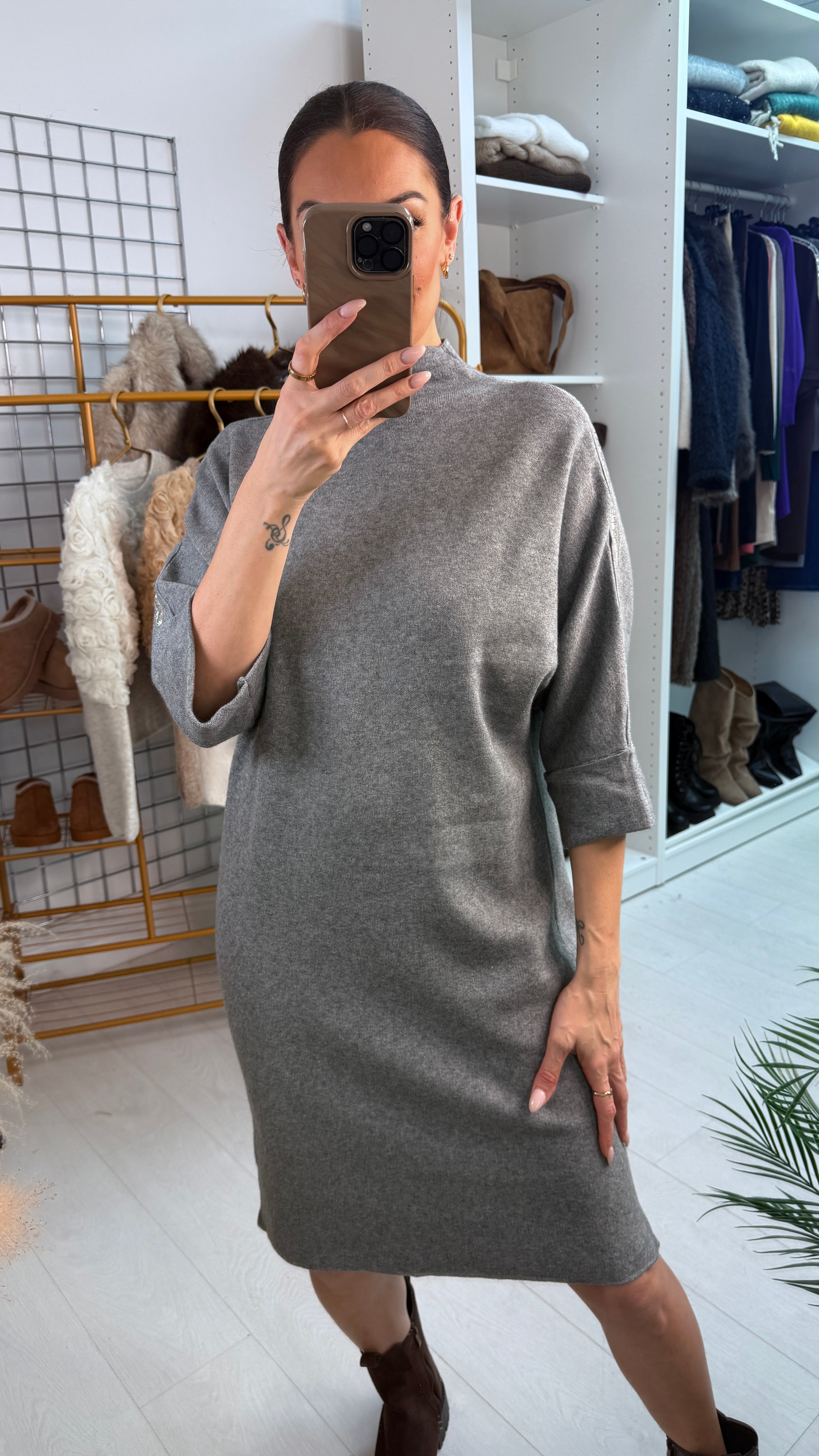 Otis Plain Embellished 3/4 Sleeve Jumper Dress