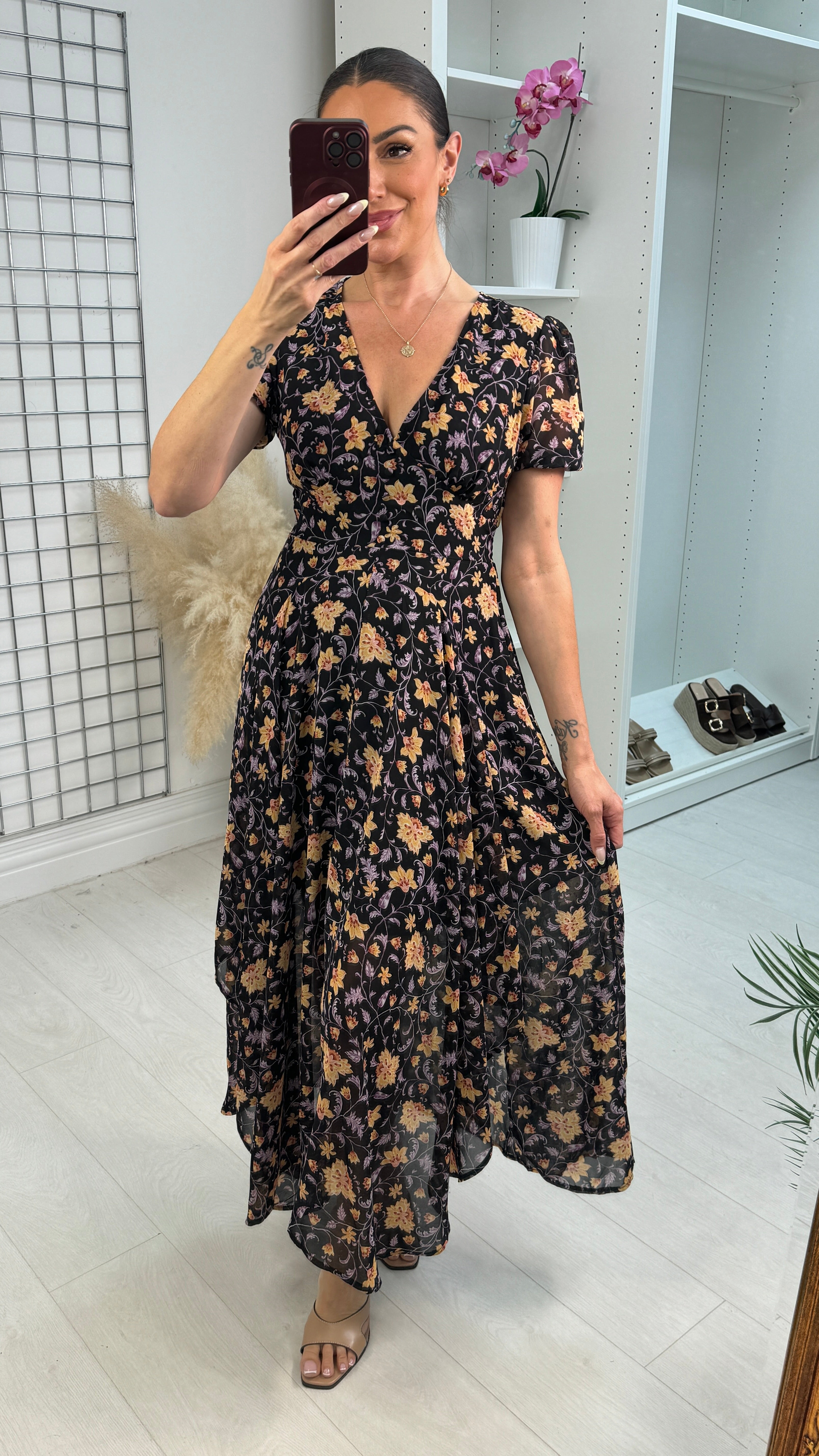 Urelia Floral Print V Neck Floaty Maxi Dress