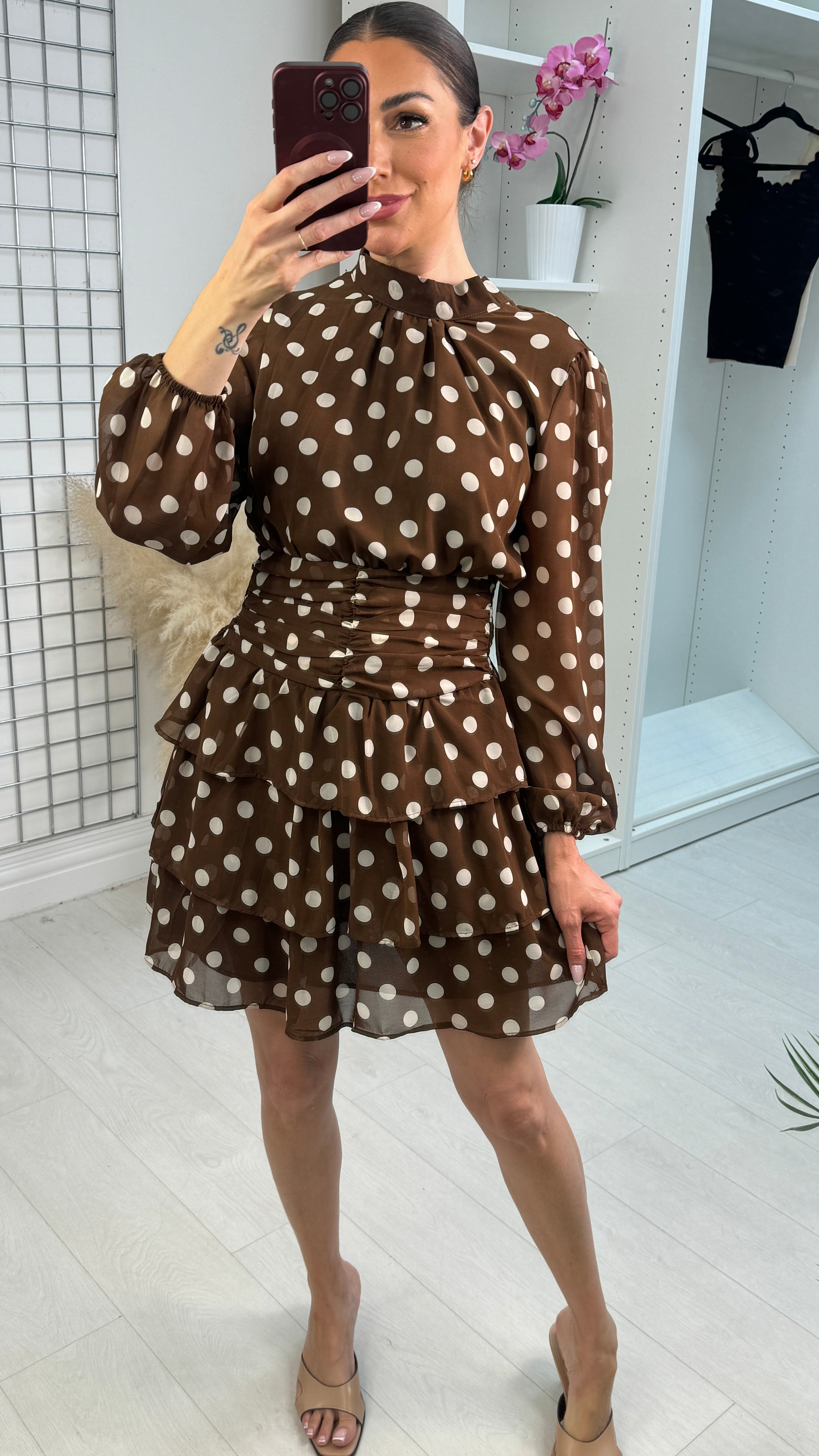 Zelis Polka Dot Shirred Waist Ruffle Dress
