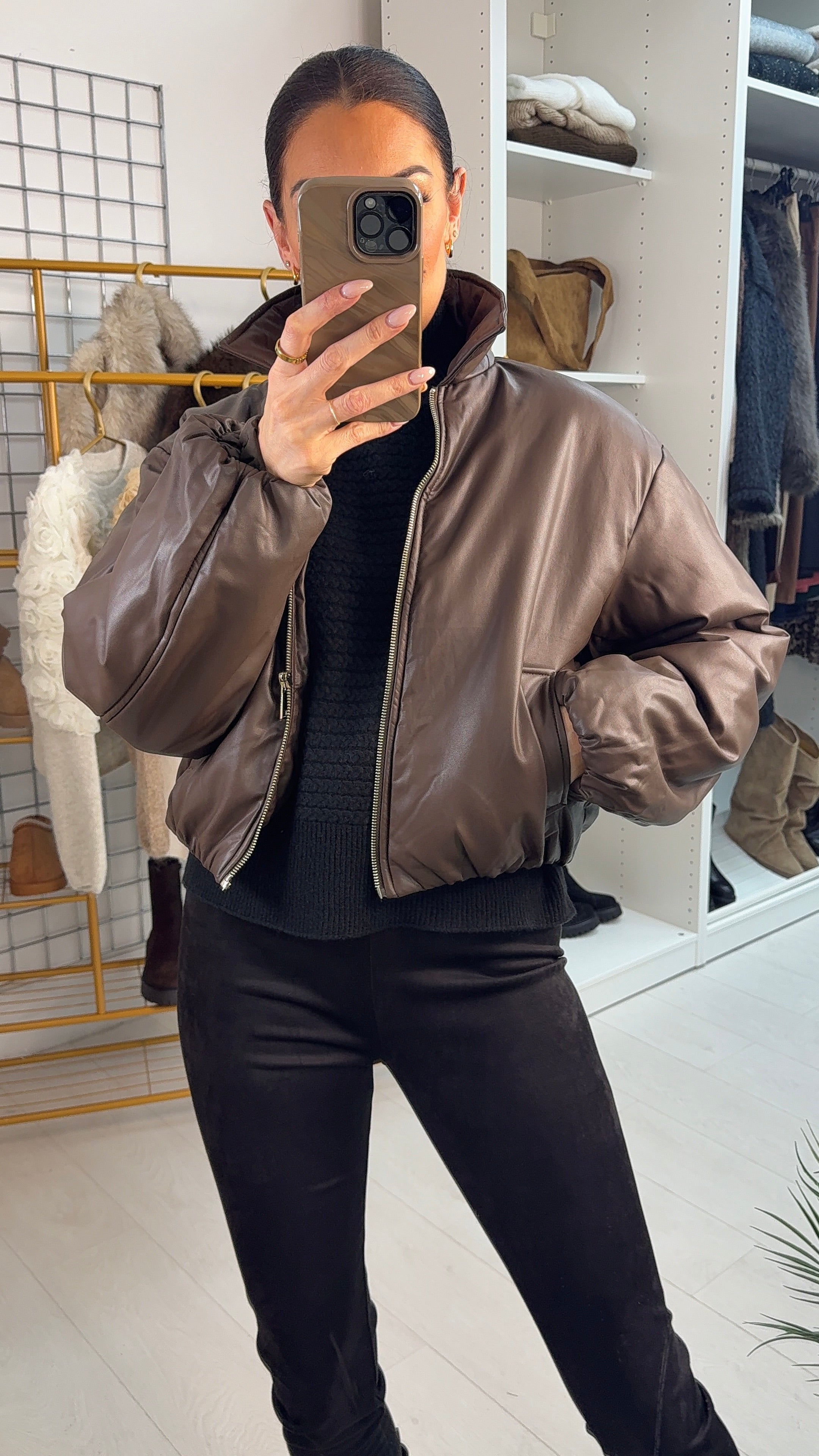 Claudine Faux Leather Padded Bomber Jacket